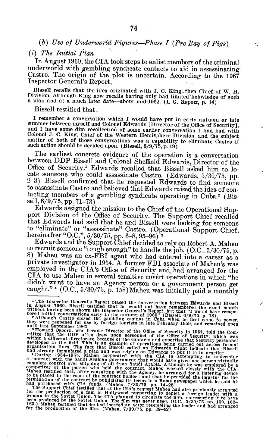Printed page 74 of the Church Committee's interim report, section (b) Use of Underworld Figures, Phase I (Pre-Bay of Pigs), with footnotes at the foot of the page, including footnote 2 on the gambling casinos in Cuba.