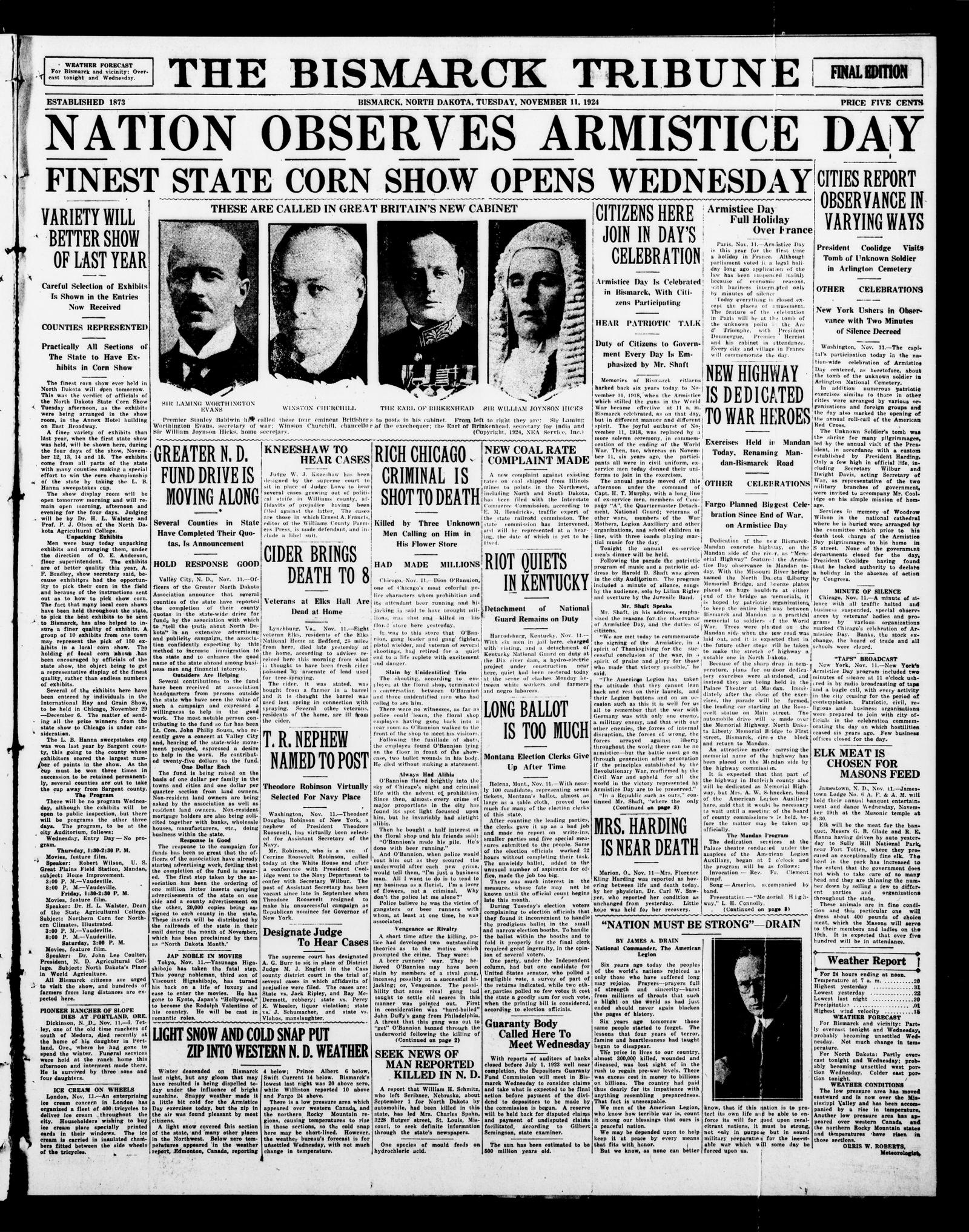 Front page of the Bismarck Tribune, Bismarck, North Dakota, 11 November 1924