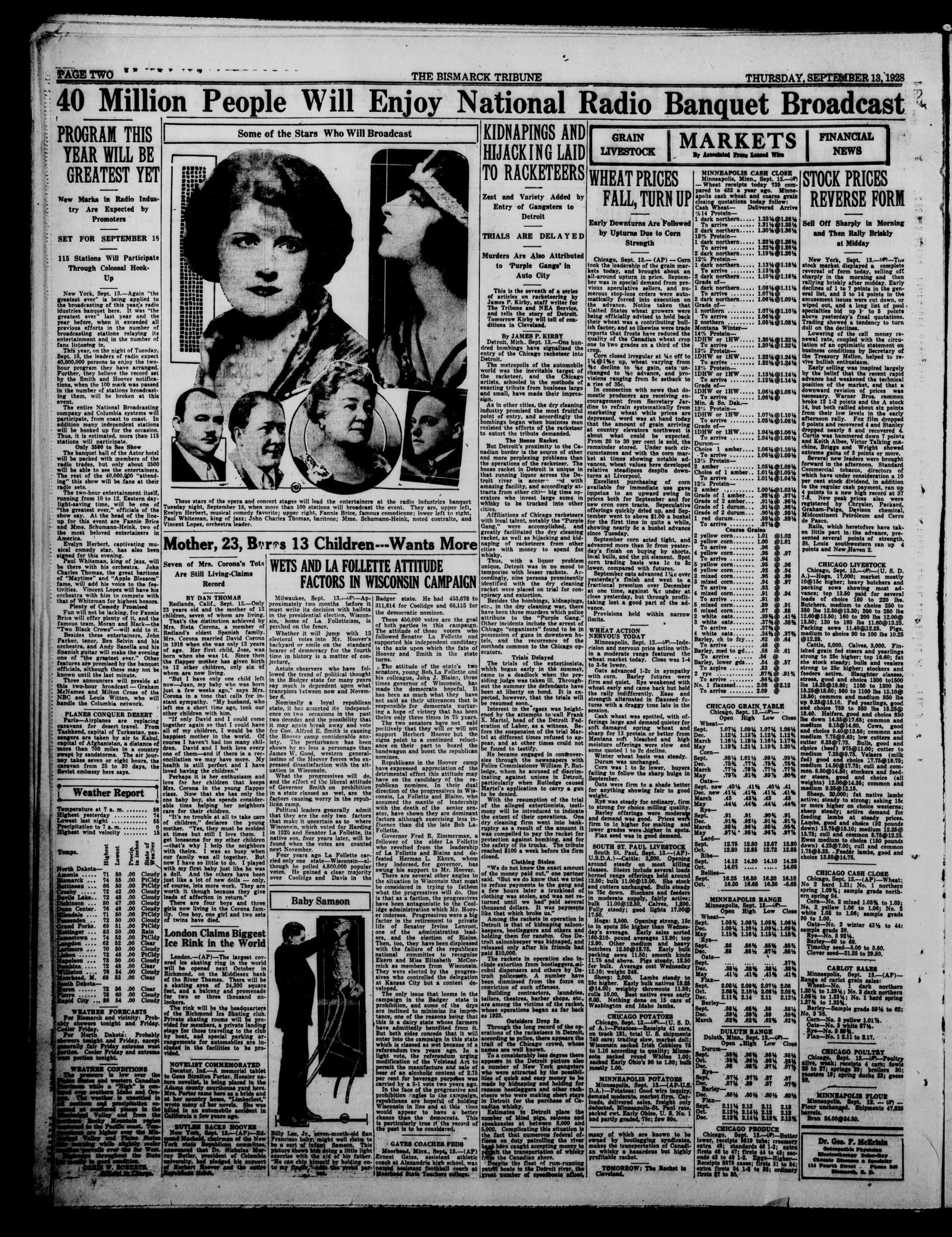 Page 2 of the Bismarck Tribune, 13 September 1928, with a radio banner headline across the top and the column headed Kidnapings and Hijacking Laid to Racketeers near the center