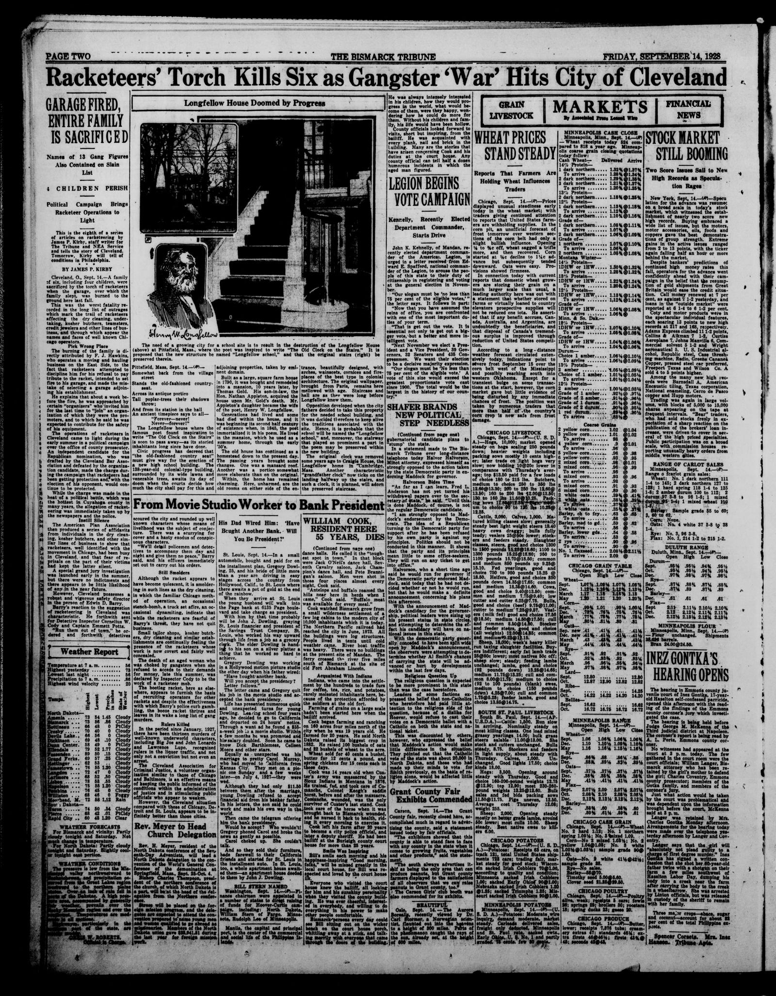 Page 2 of the Bismarck Tribune, 14 September 1928, under the banner Racketeers' Torch Kills Six as Gangster War Hits City of Cleveland, with photographs of the Longfellow house