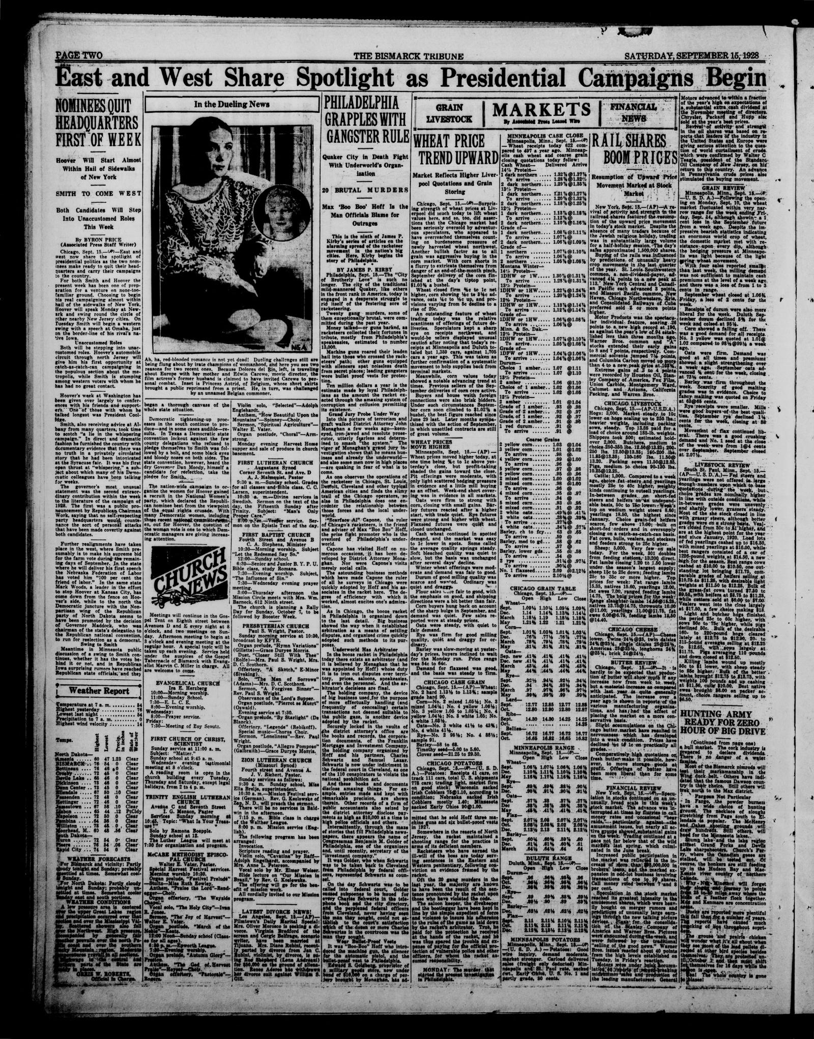 Page 2 of the Bismarck Tribune, 15 September 1928, with a presidential-campaign banner headline, a photograph of a woman, market reports and the Philadelphia feature in the upper columns
