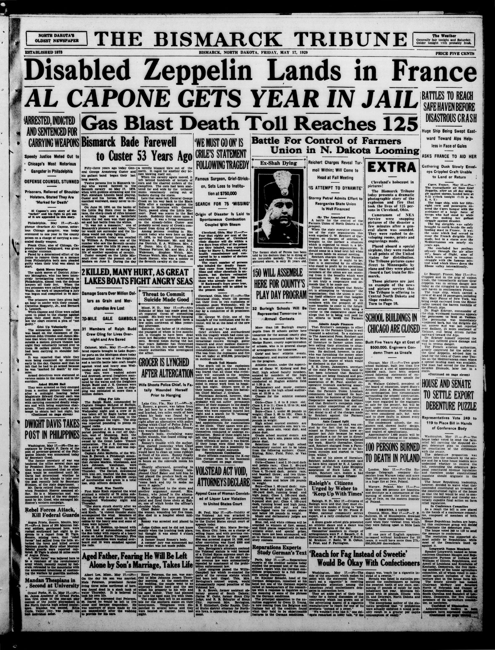 Front page of the Bismarck Tribune, Bismarck, North Dakota, 17 May 1929