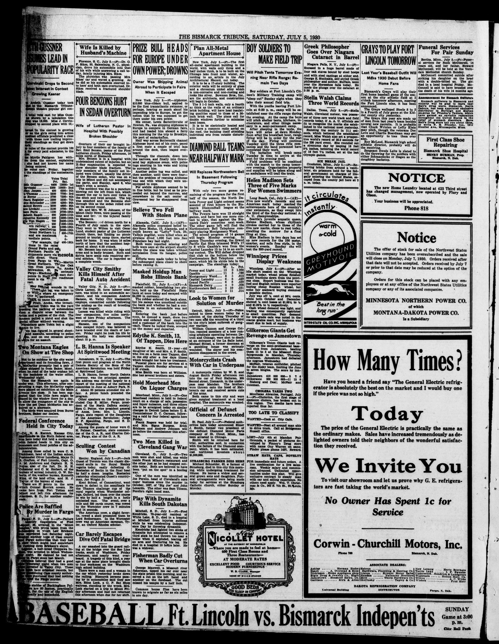 Page 6 of the Bismarck Tribune, 5 July 1930, with the short item Two Men Killed in Cleveland Gang War in the second column