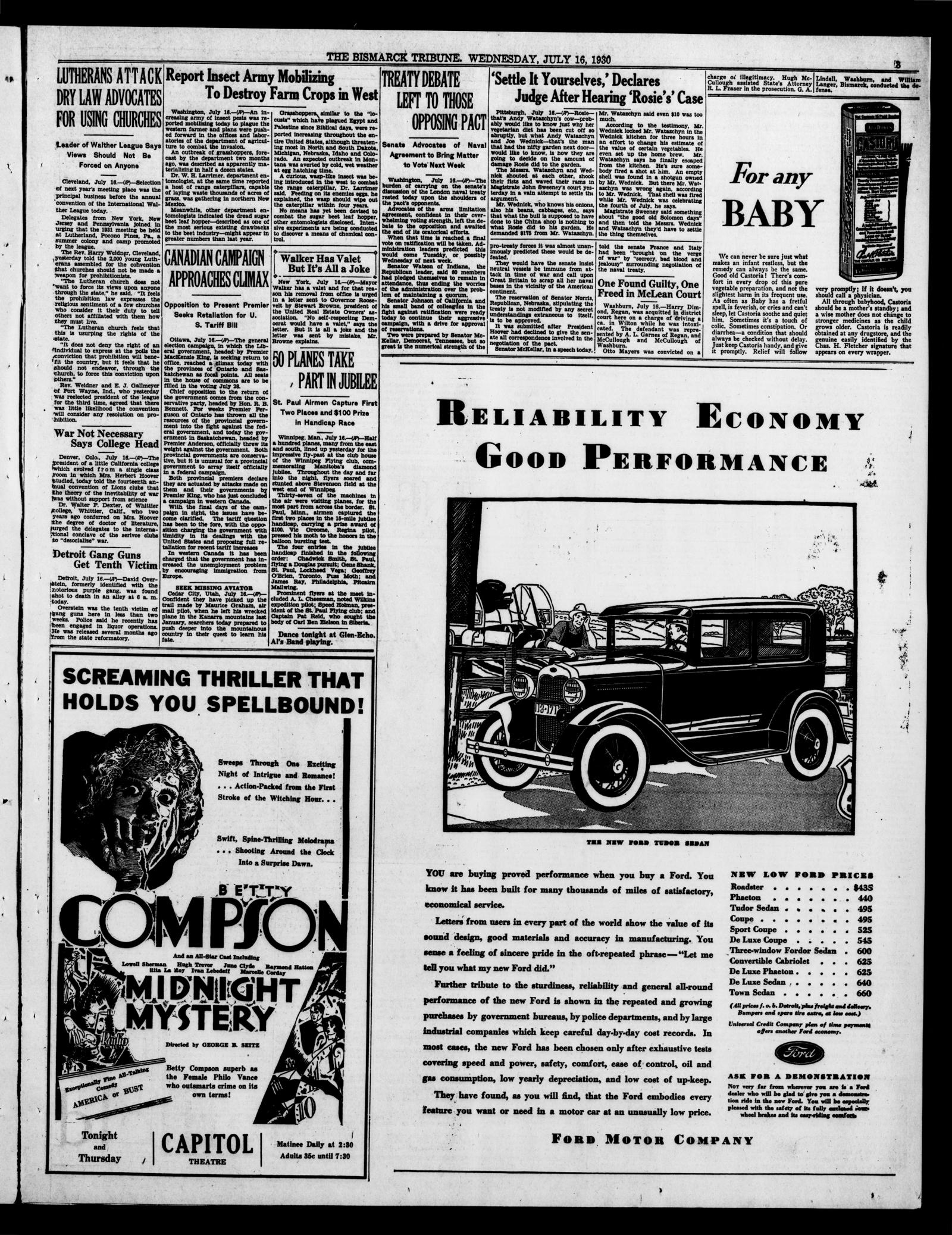 Page 3 of the Bismarck Tribune, 16 July 1930, with the short item Detroit Gang Guns Get Tenth Victim at the foot of the first column