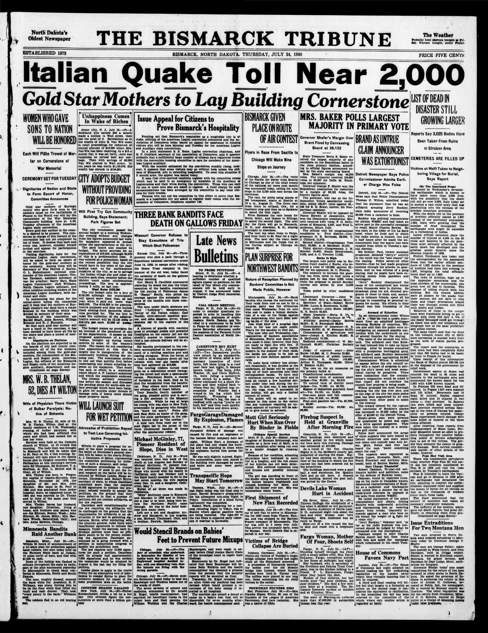 Front page of the Bismarck Tribune, 24 July 1930, with the item Brand as Untrue Claim Announcer Was Extortionist in the right-hand columns