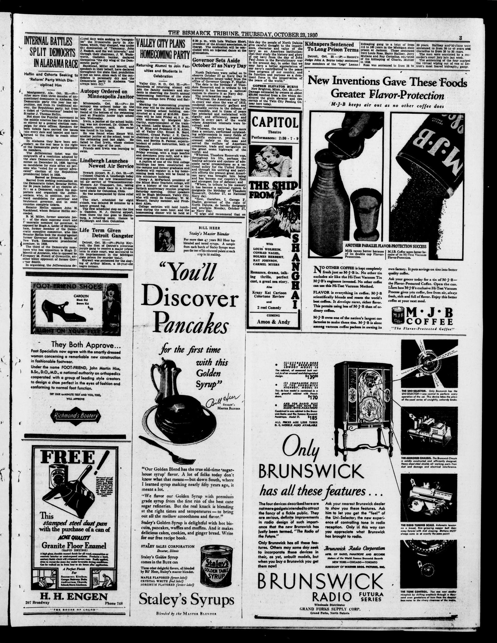 Page 3 of the Bismarck Tribune, 23 October 1930, with the short item Life Term Given Detroit Gangster in the second column