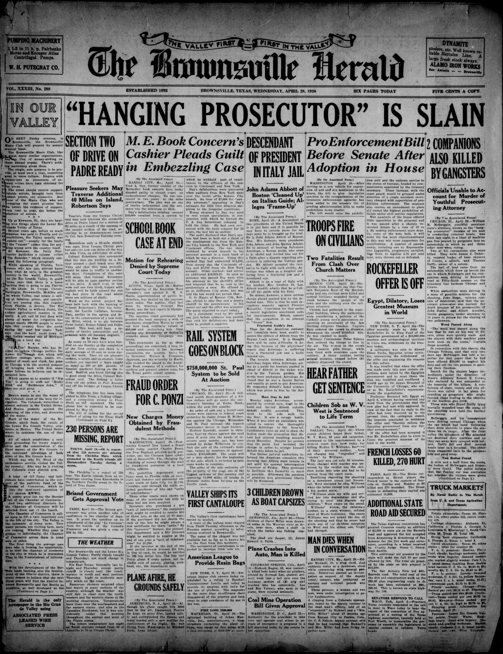 Front page of the Brownsville Herald, Brownsville, Texas, 28 April 1926