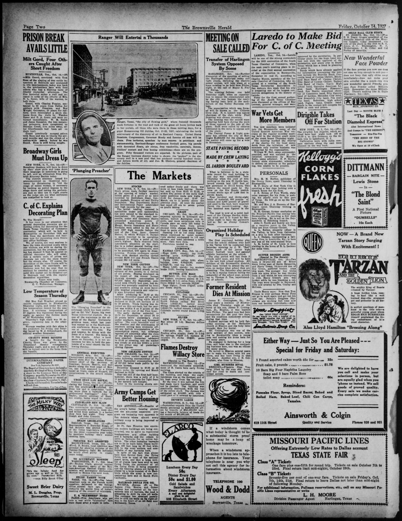 Page 2 of the Brownsville Herald, 14 October 1927, with photographs of Ranger, Texas, and a football player, and a column of short wire items at lower left