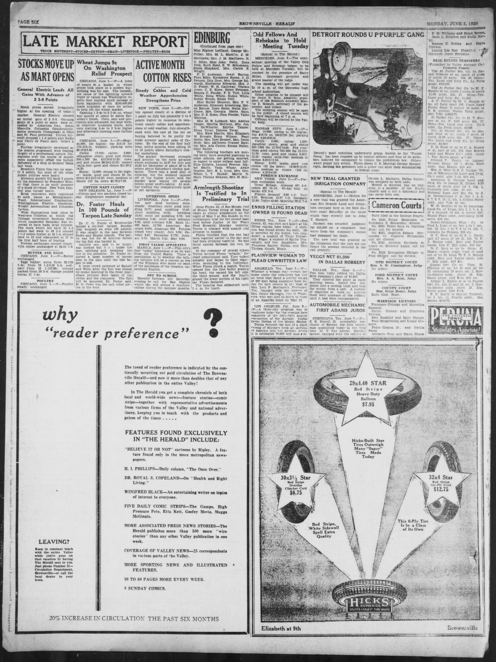 Page 6 of the Brownsville Herald, 3 June 1929, with a small news photograph at upper right headed Detroit Rounds Up Purple Gang, showing men being led to a police van