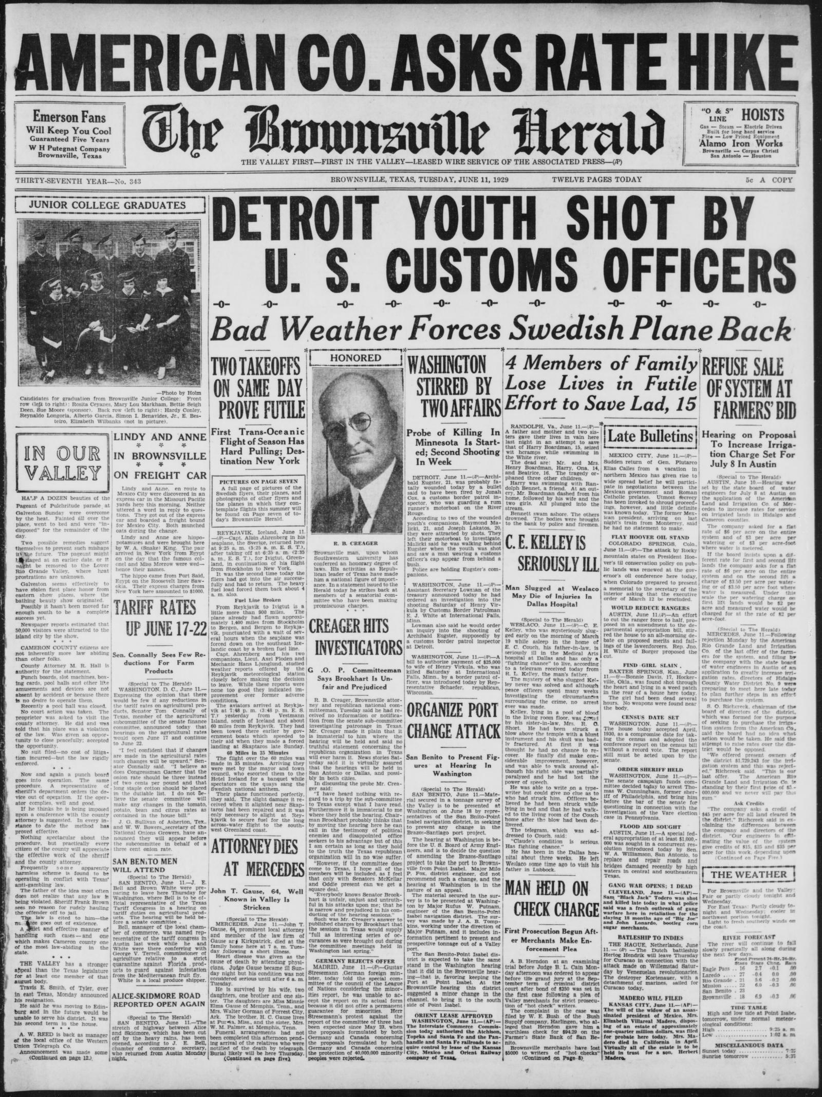 Front page of the Brownsville Herald, 11 June 1929, second edition, with the brief item Gang War Opens; 1 Dead in the Late Bulletins column at right