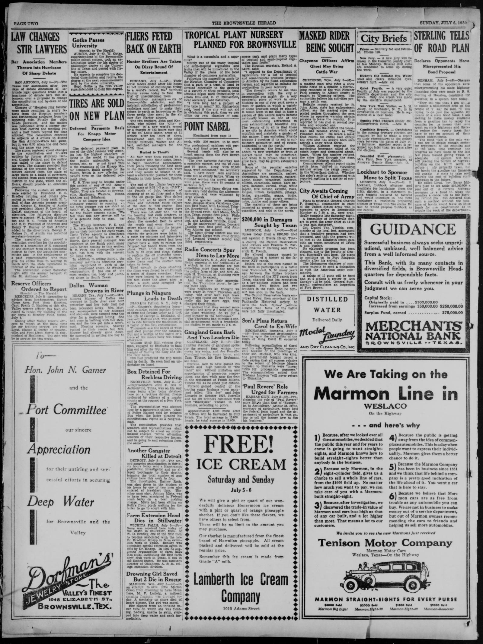 Page 2 of the Brownsville Herald, 6 July 1930, with the item Gangland Guns Bark and Two Leaders Die in the third column