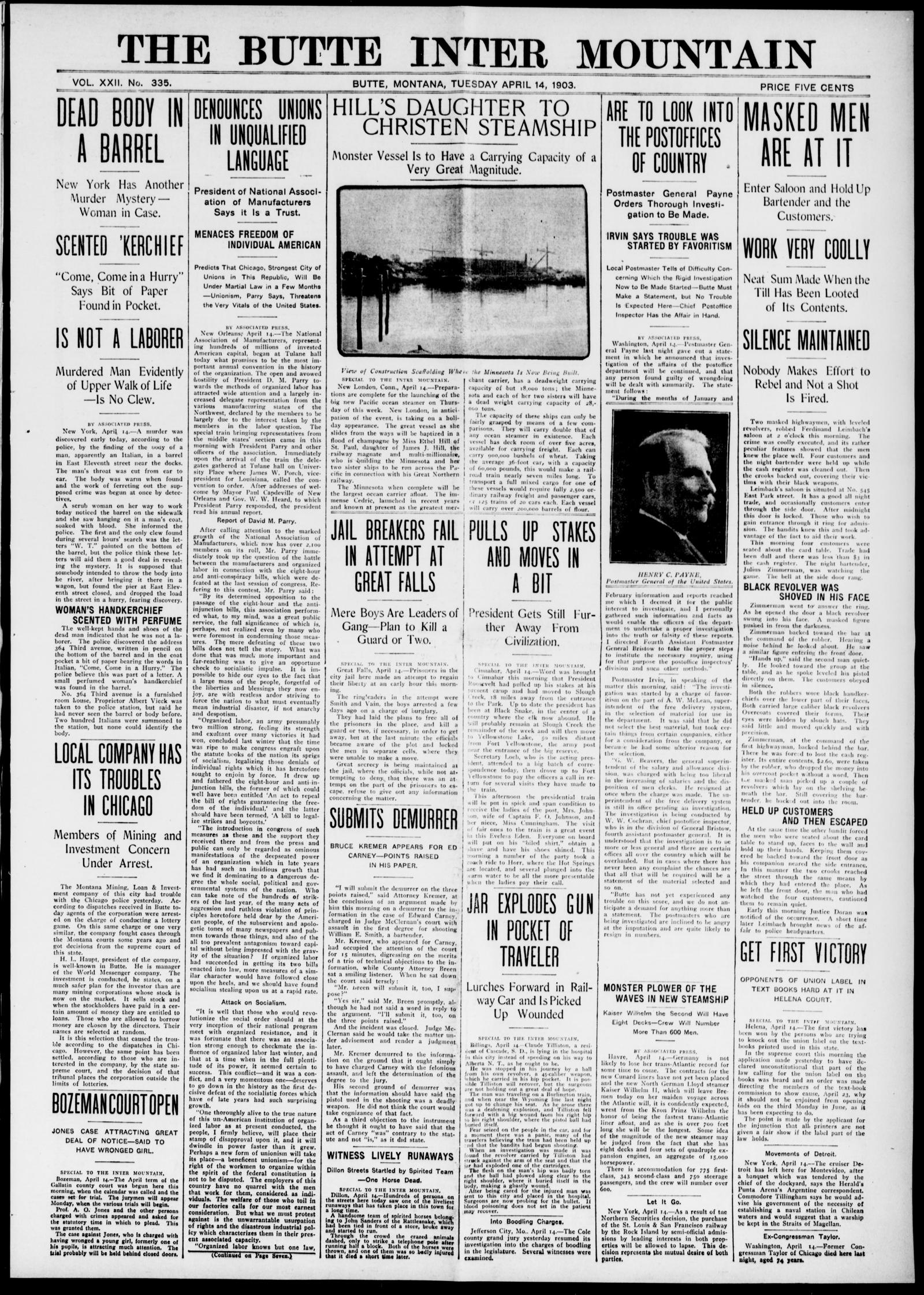 Front page of the Butte Inter Mountain, Butte, Montana, 14 April 1903