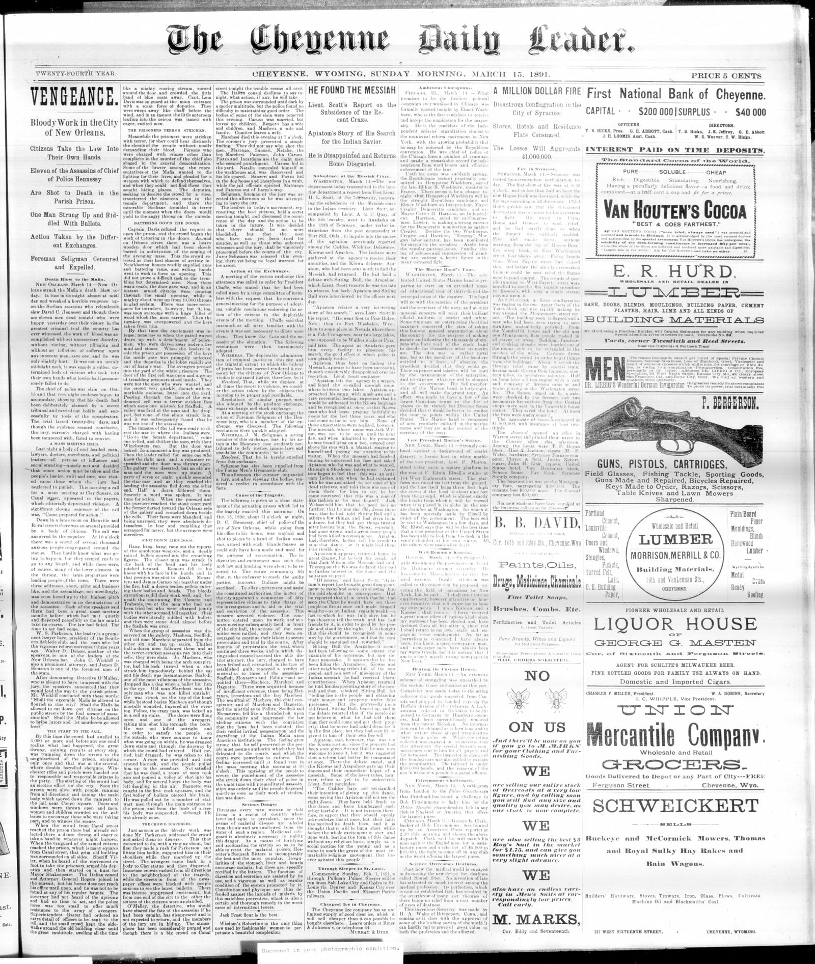 Front page of the Cheyenne Daily Leader, Cheyenne, Wyoming, 15 March 1891