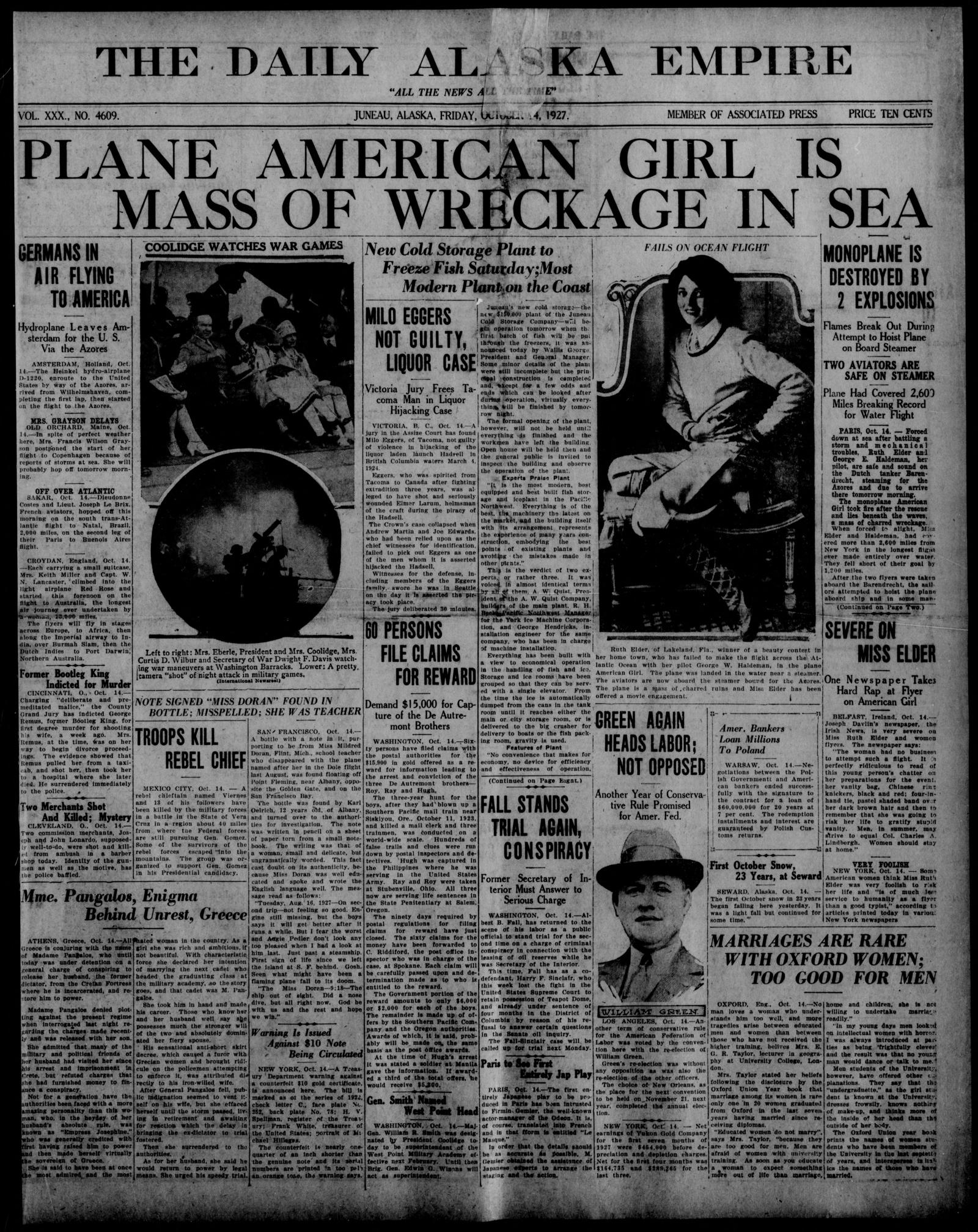Front page of the Daily Alaska Empire, Juneau, 14 October 1927, with the brief item Two Merchants Shot and Killed in the left column