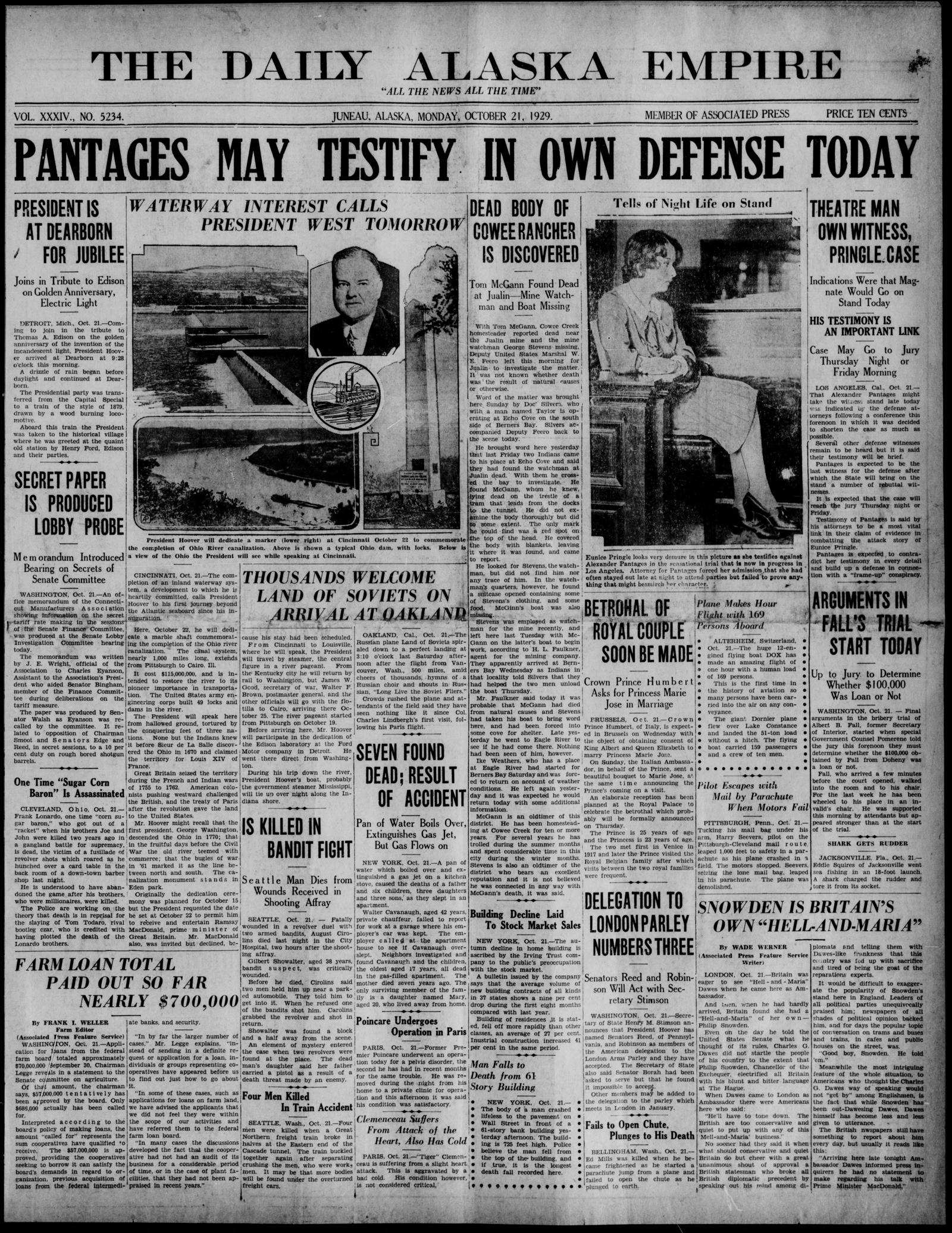 Front page of the Daily Alaska Empire, Juneau, 21 October 1929, with the item One Time Sugar Corn Baron Is Assassinated in the left column