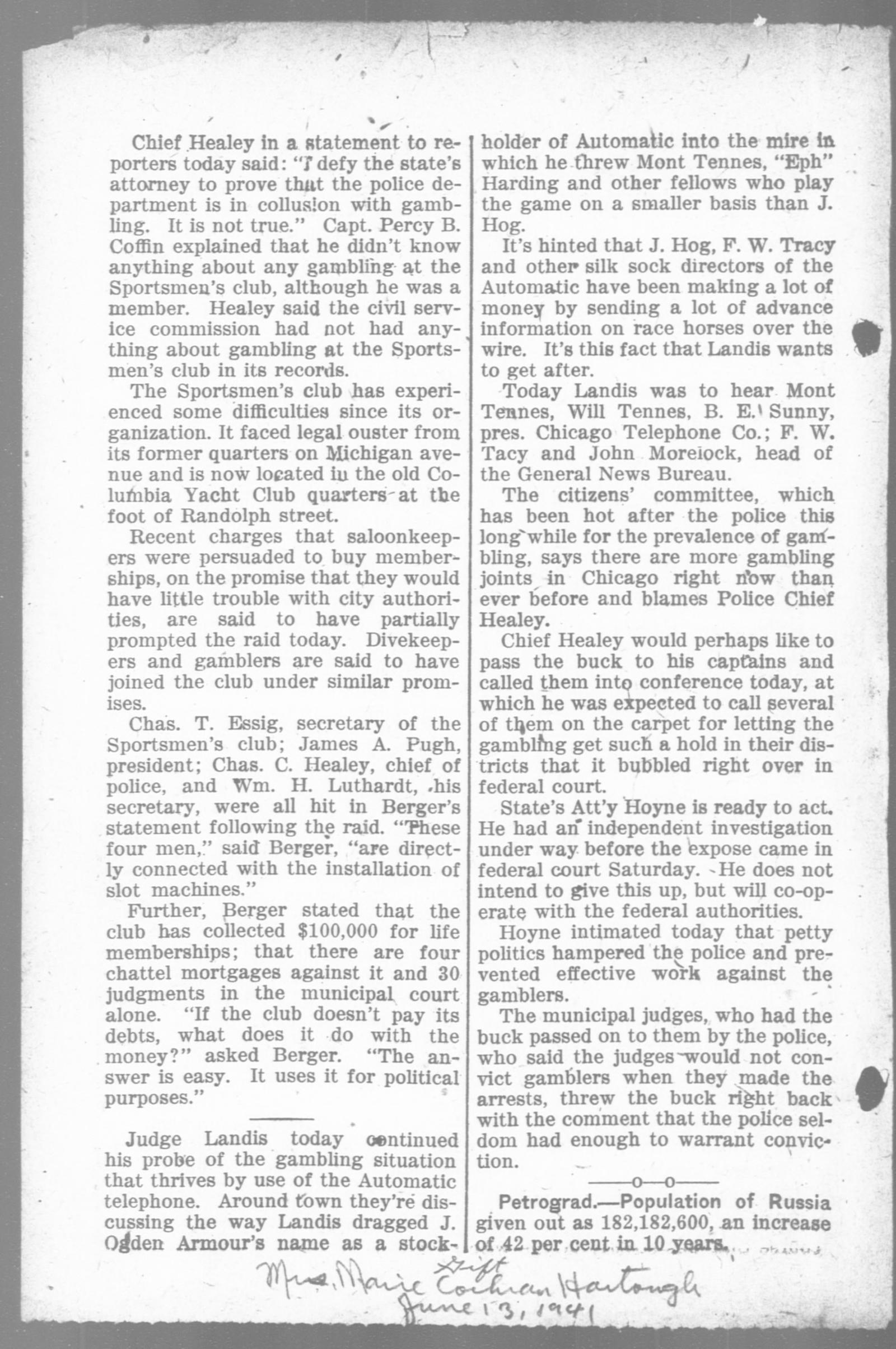 A two-column text page of the Day Book, Chicago, 2 October 1916, ending with the Landis item and a Petrograd population note, with a handwritten 1941 gift inscription at the foot