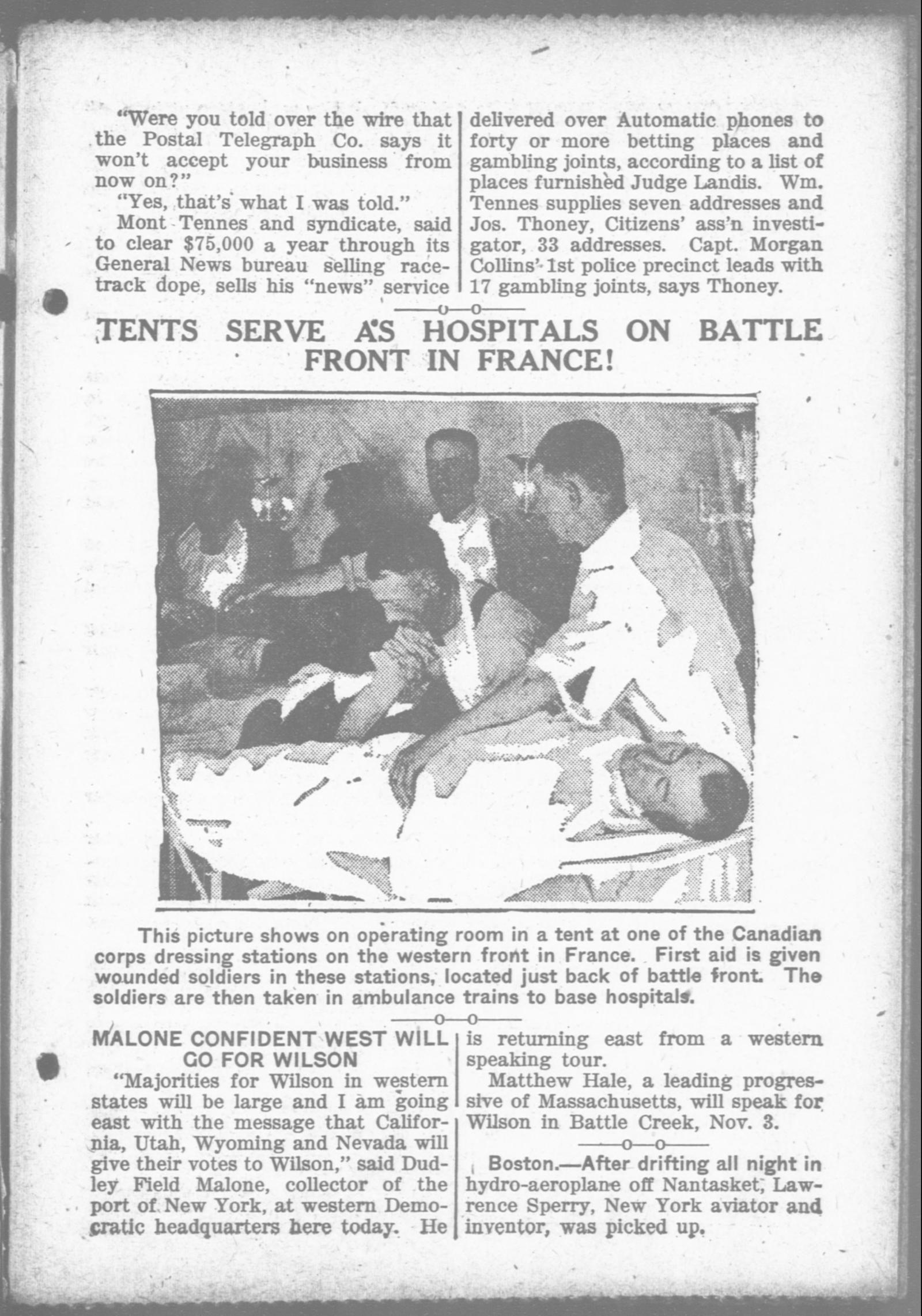 A Day Book page of 3 October 1916: two columns of text at the top on Mont Tennes and the General News bureau, a large news photograph of a tent hospital in France below, and short items on the Wilson campaign