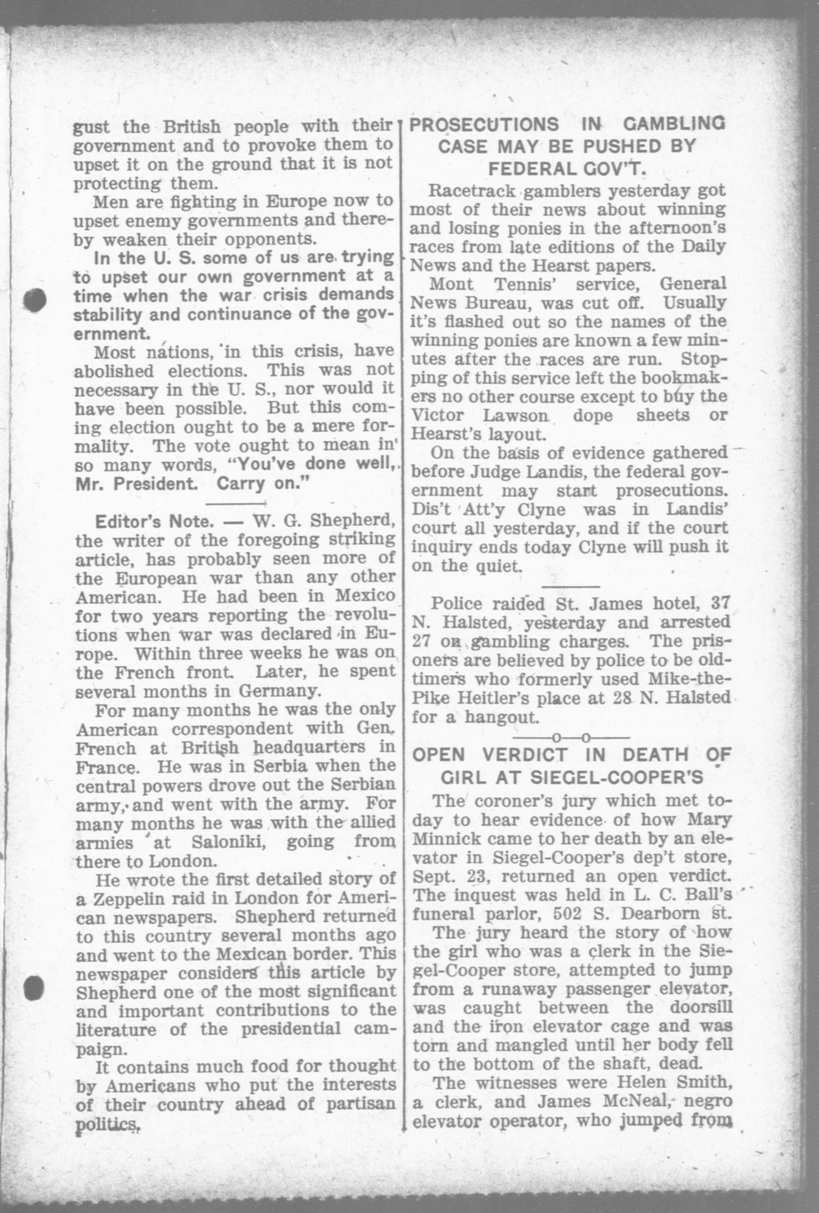 A Day Book page of 4 October 1916 in two columns: the end of a political article and editor's note at left, and at right the headline Prosecutions in Gambling Case May Be Pushed by Federal Gov't, a police raid item, and a coroner's verdict story