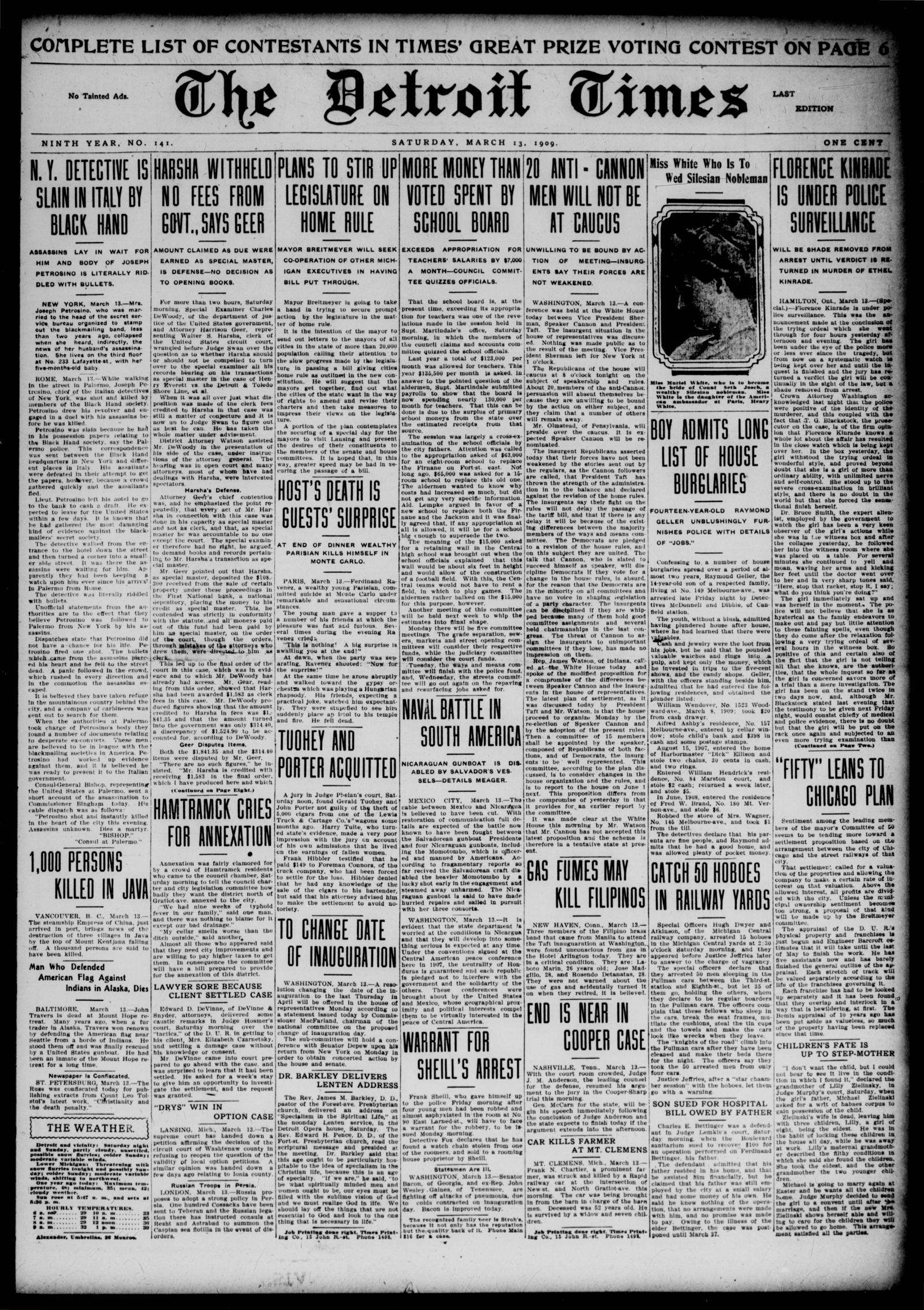 Front page of the Detroit Times, Detroit, Michigan, 13 March 1909