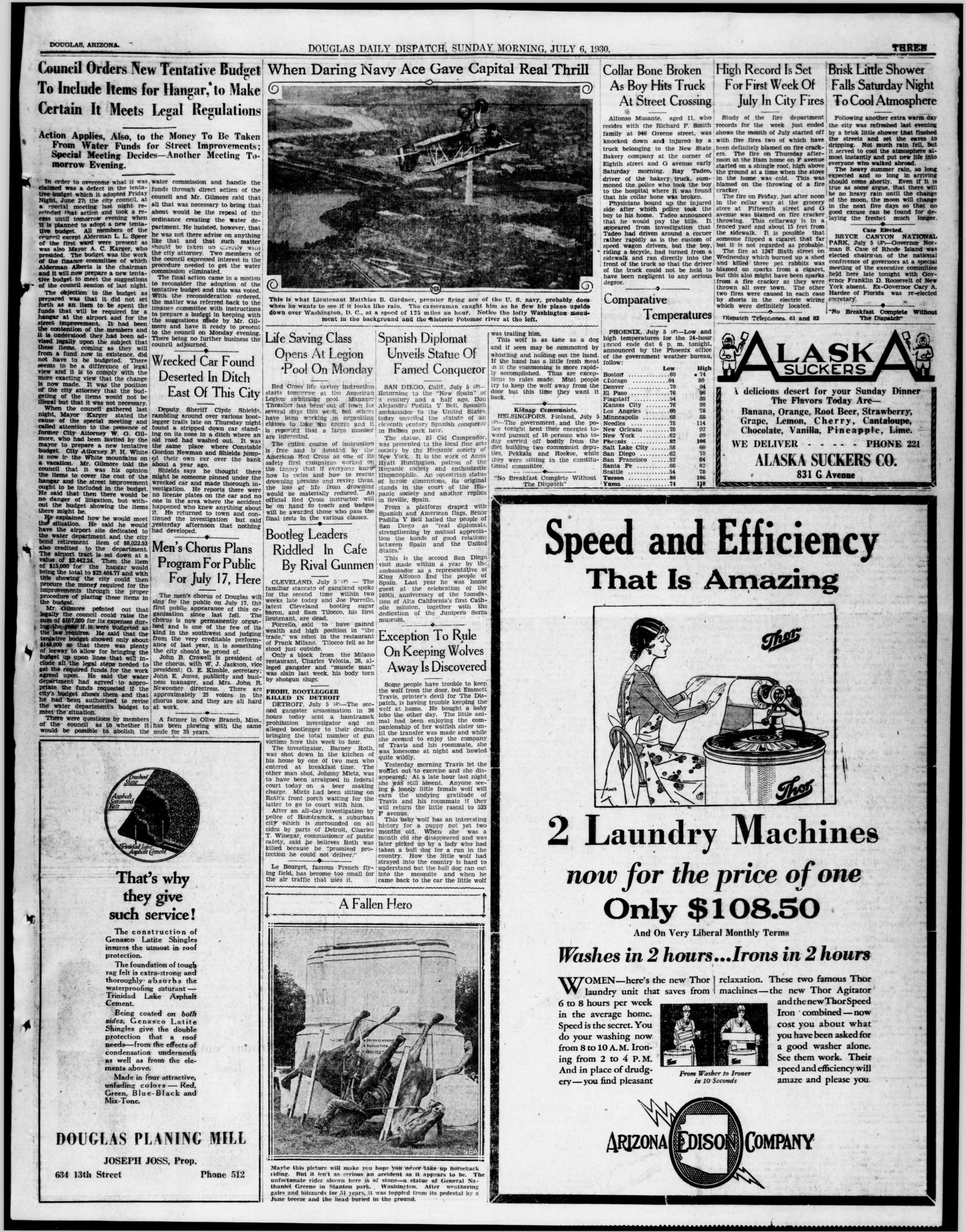 Page 3 of the Douglas Daily Dispatch, Arizona, 6 July 1930, with the item Bootleg Leaders Riddled in Cafe by Rival Gunmen in the center column below a photograph of an airplane over Washington
