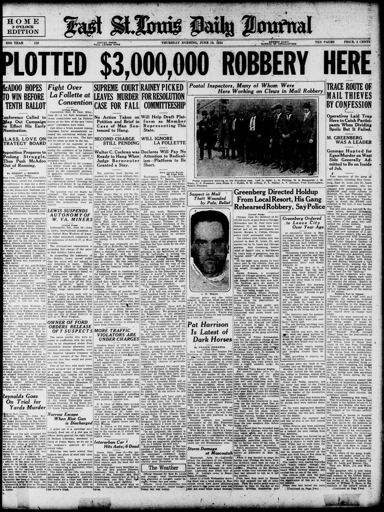 Front page of the East St. Louis Daily Journal, Home Edition, Thursday evening, June 19, 1924, under the banner headline Plotted $3,000,000 Robbery Here, with a photograph of postal inspectors in hats and overcoats standing in a row, a portrait captioned J. H. Wayne, and the robbery stories in the right-hand columns