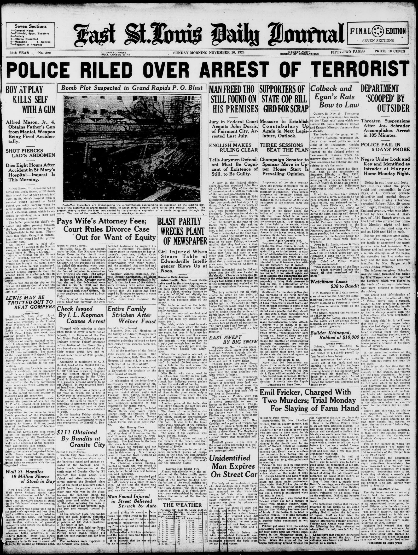 Front page of the East St. Louis Daily Journal, Final Edition, Sunday morning, November 16, 1924, under the banner Police Riled Over Arrest of Terrorist, with a photograph of a bomb-damaged post office at upper left; the Colbeck story is in the second column from the right under the headline Colbeck and Egan's Rats Bow to Law