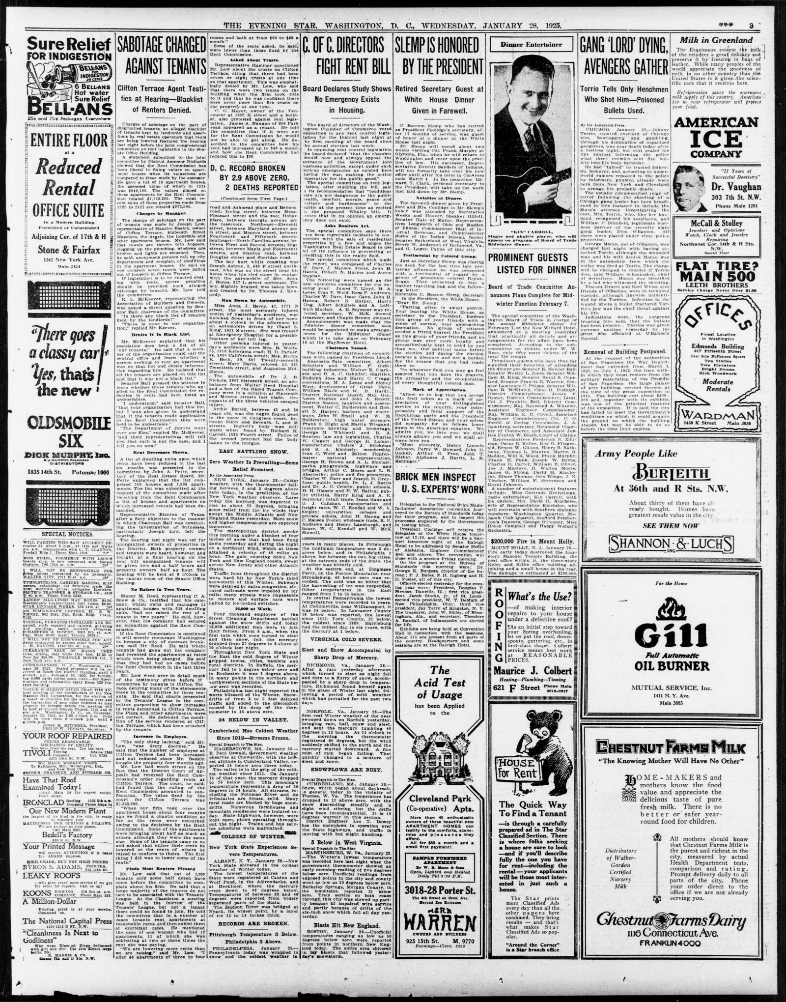 Page 3 of the Evening Star, Washington, Wednesday, January 28, 1925; the Torrio story runs in the right-hand news column under the headline Gang Lord Dying, Avengers Gather