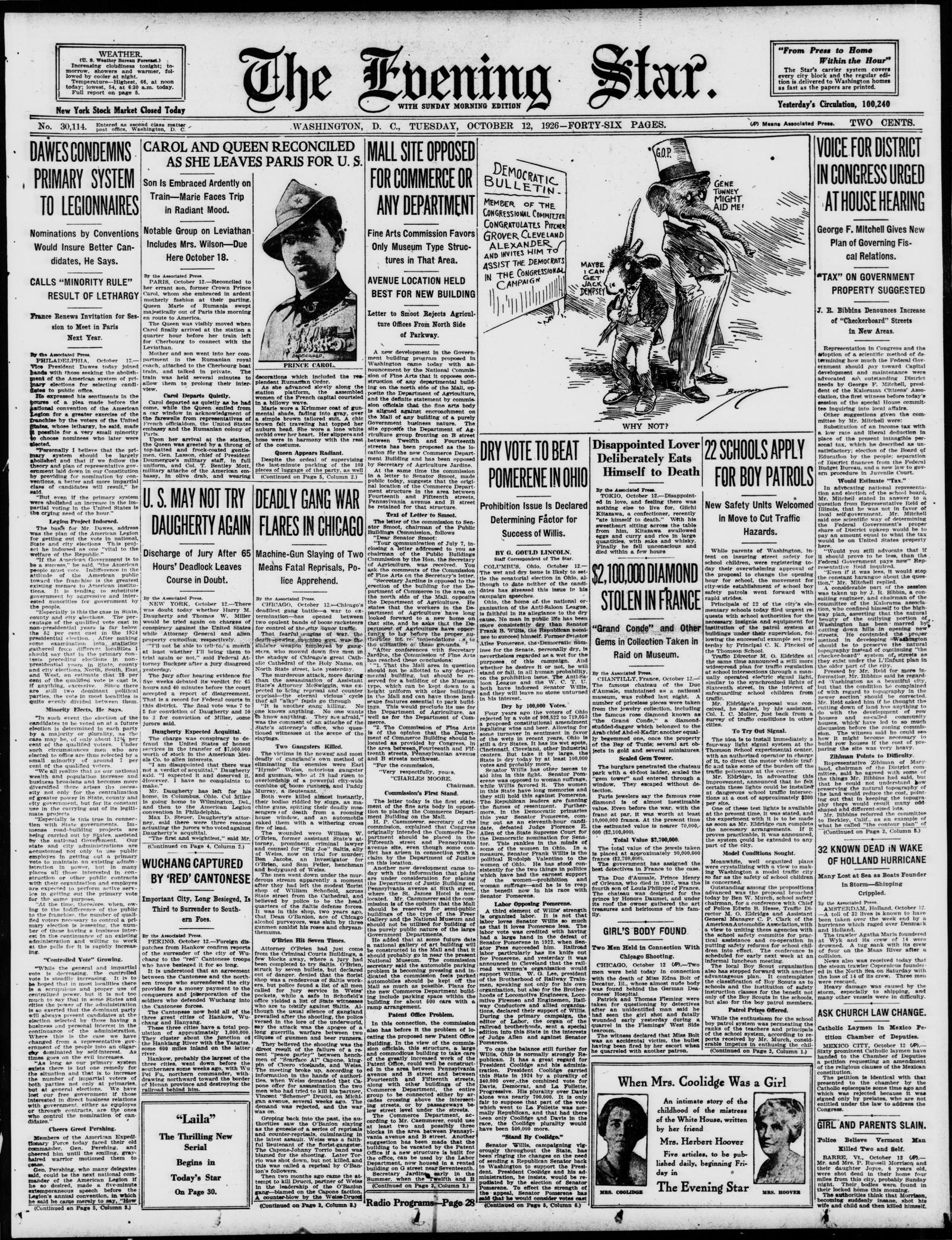 Front page of the Evening Star, Washington, D.C., 12 October 1926