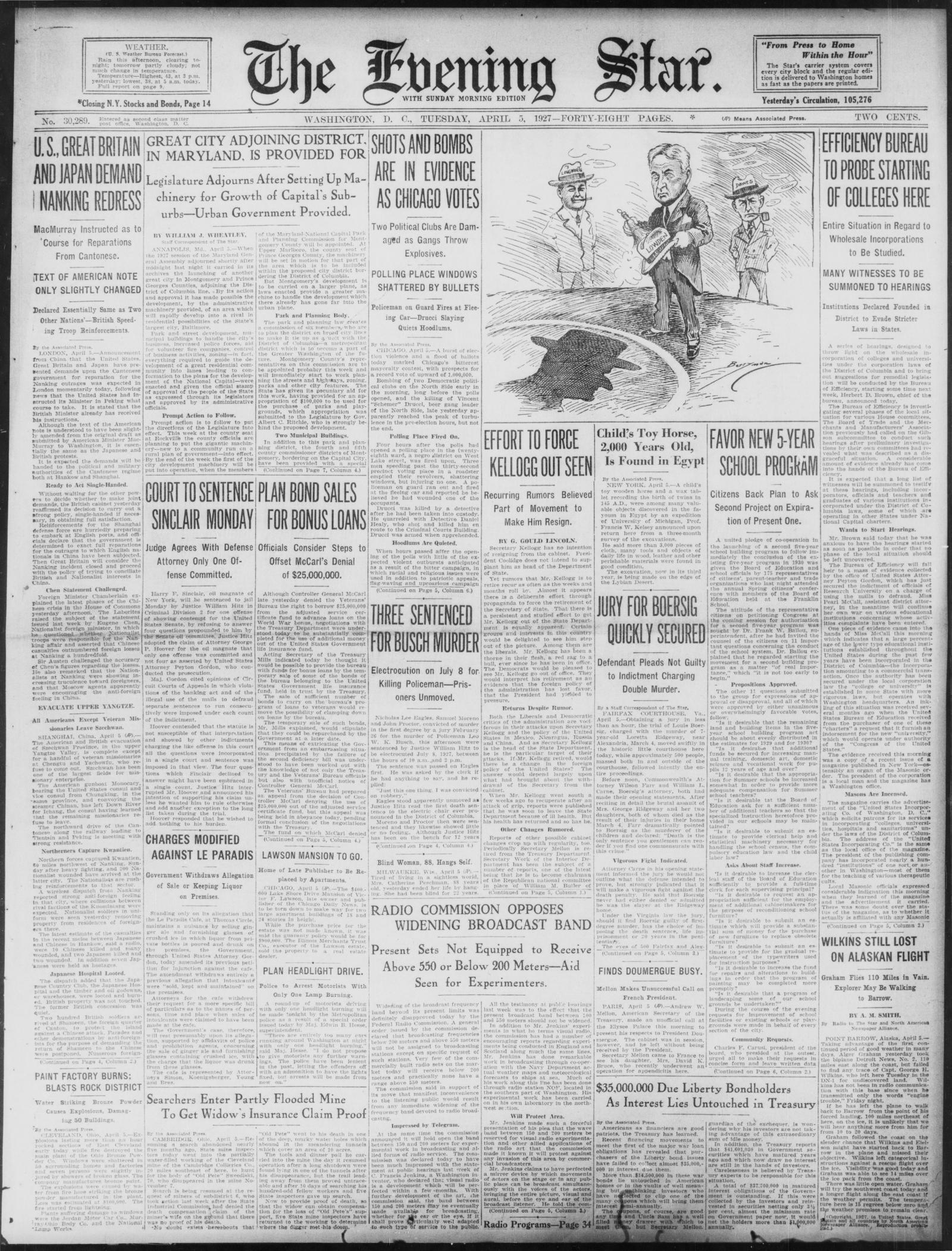 Front page of the Evening Star, Washington, Tuesday, April 5, 1927; the Chicago election story is in the third column under the headline Shots and Bombs Are in Evidence as Chicago Votes