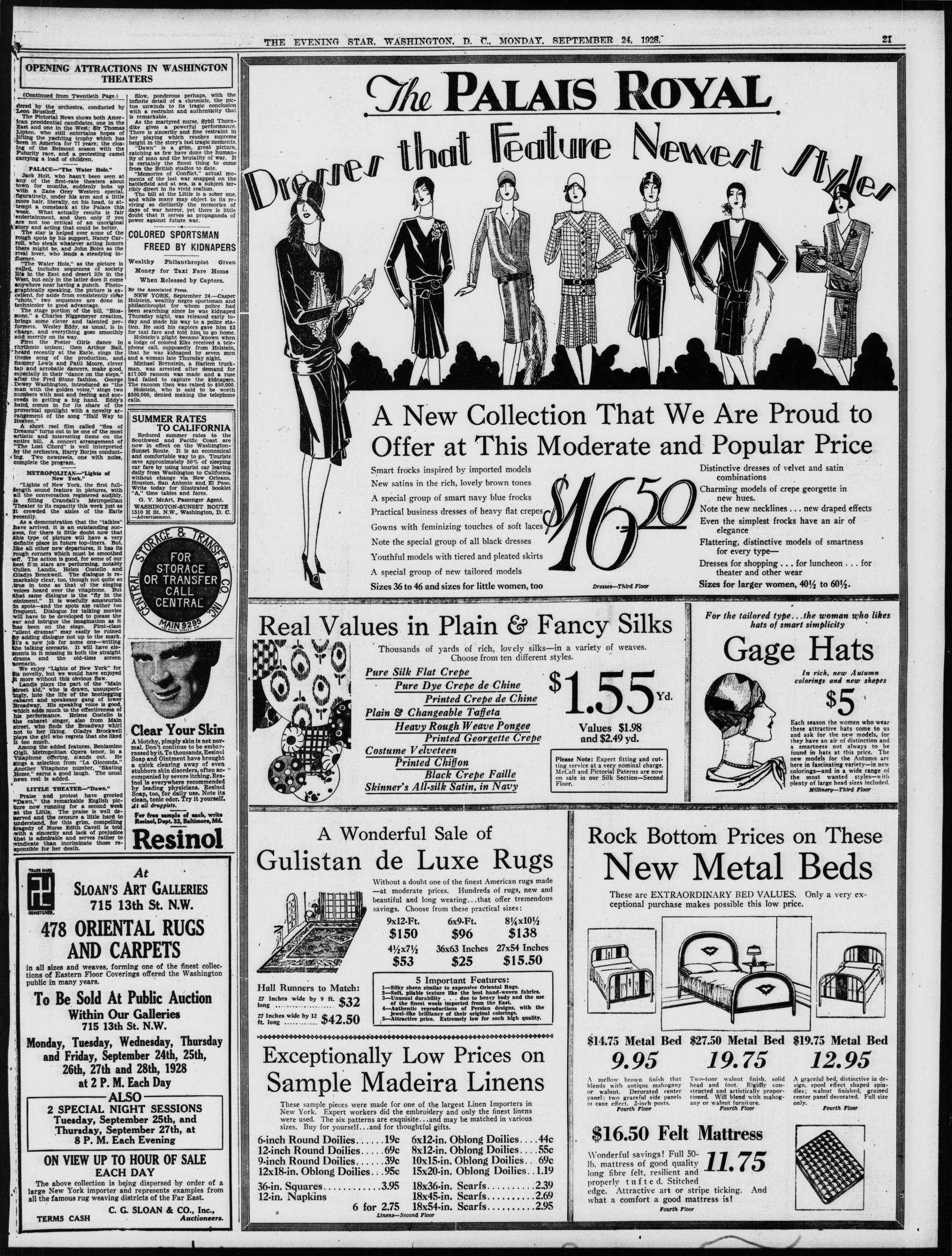Page 21 of the Evening Star, Washington, Monday, 24 September 1928, almost all of it a Palais Royal department-store advertisement; the short kidnapping item is in the narrow left-hand column below theater reviews