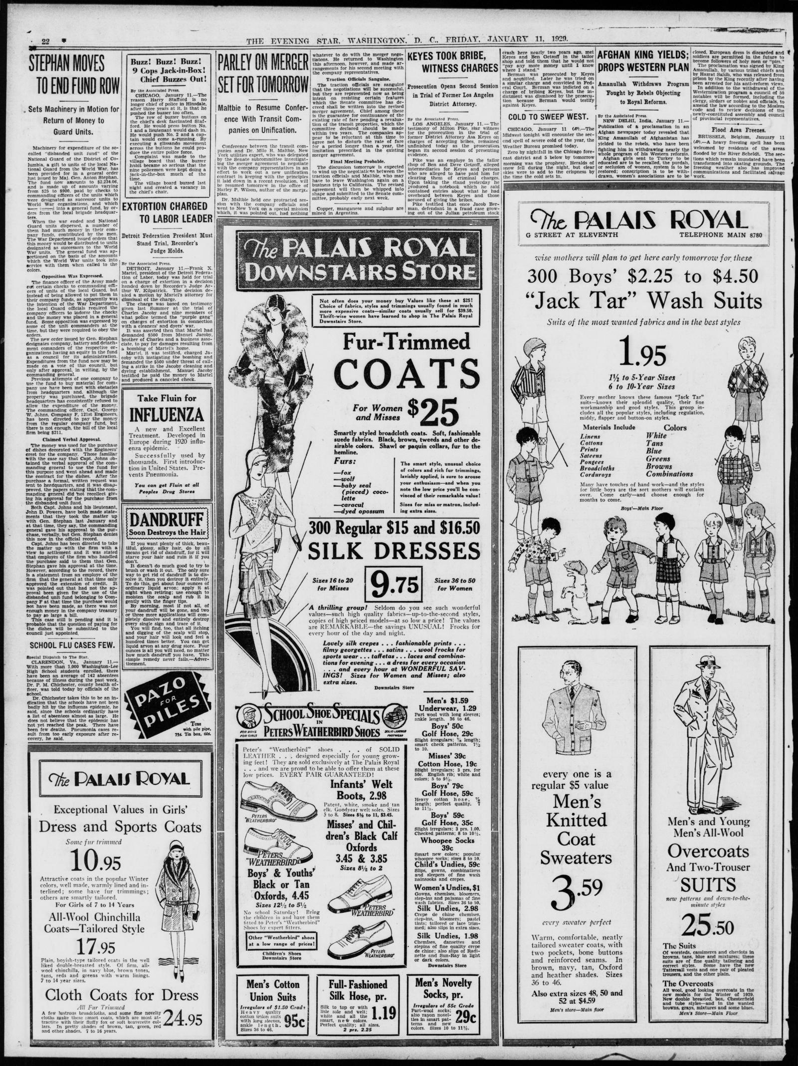 Page 22 of the Evening Star, Washington, 11 January 1929, with the short item Extortion Charged to Labor Leader in the second column above large Palais Royal advertisements
