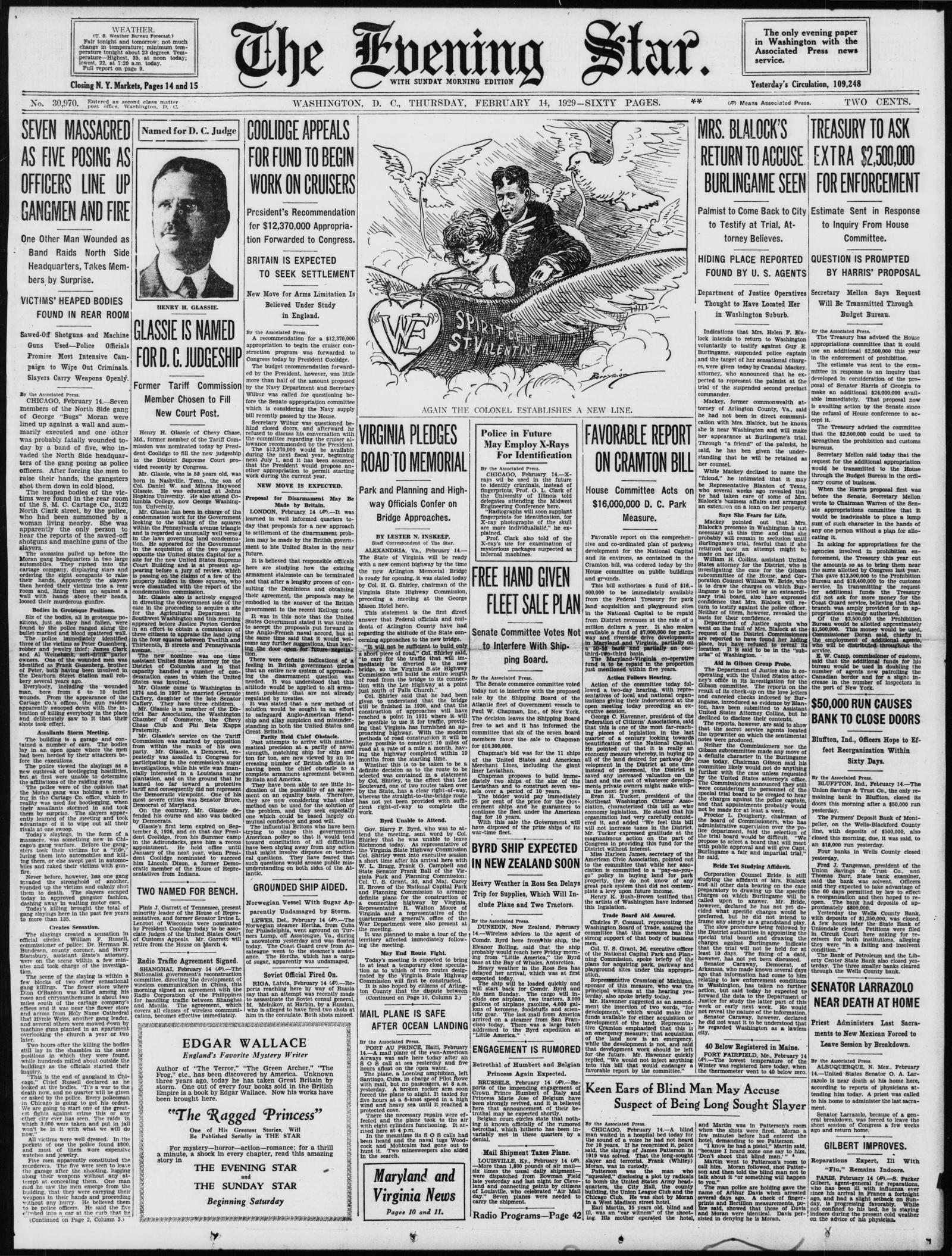 Front page of the Evening Star, Washington, D.C., 14 February 1929