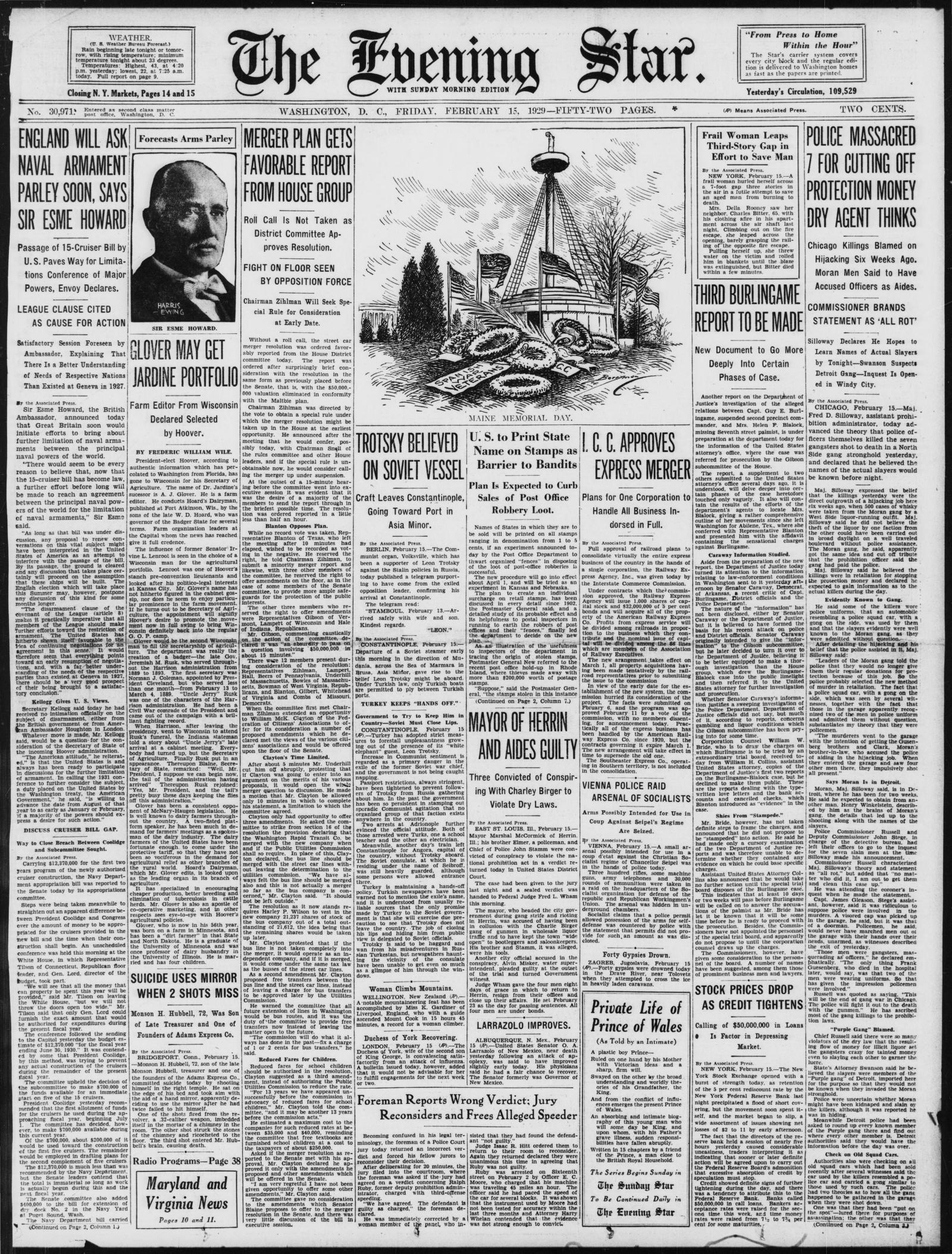 Front page of the Evening Star, Washington, D.C., 15 February 1929