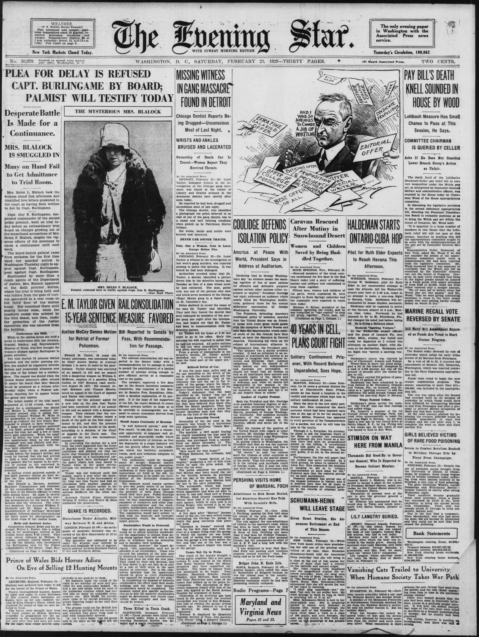 Front page of the Evening Star, Washington, D.C., 23 February 1929