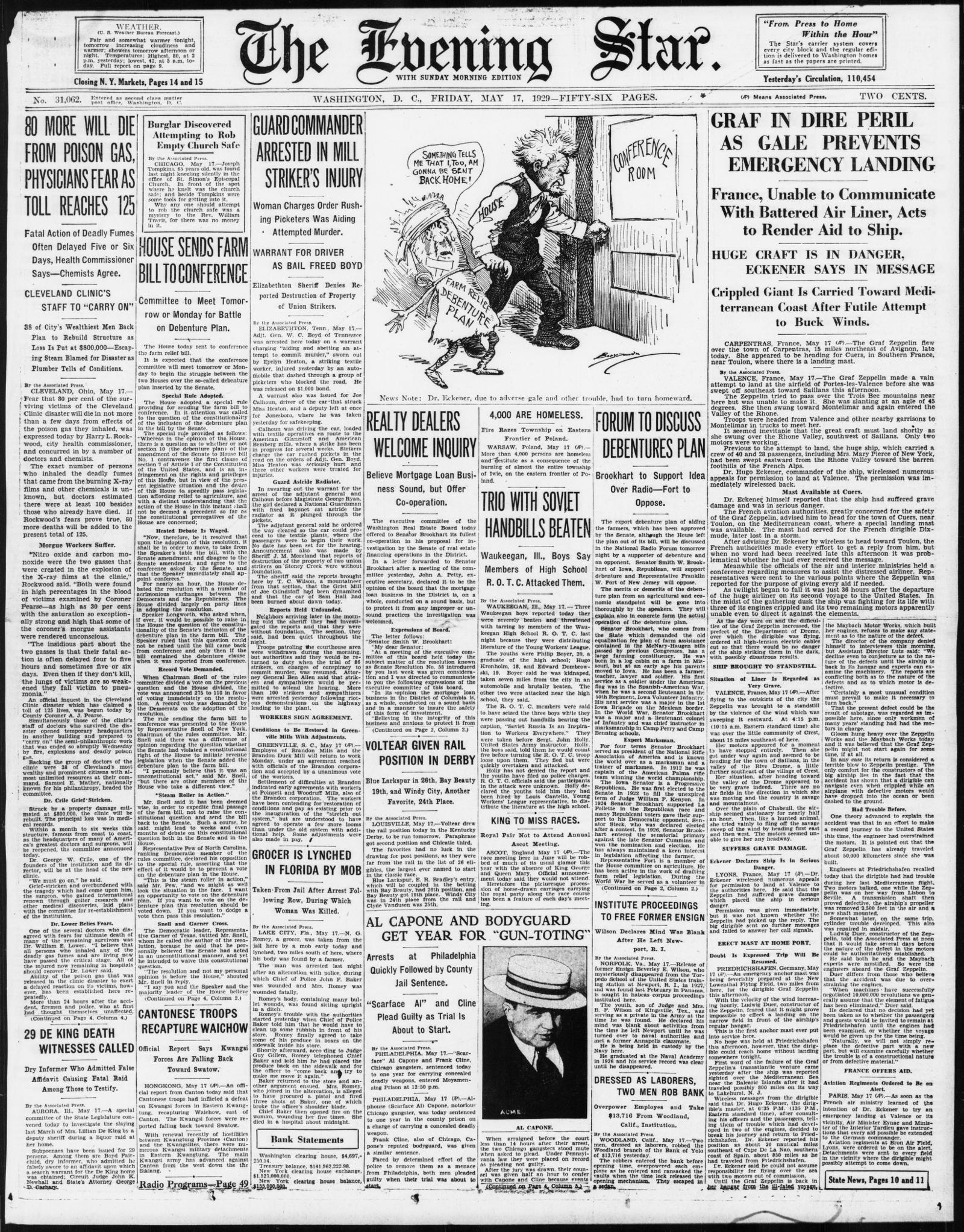 Front page of the Evening Star, Washington, D.C., 17 May 1929