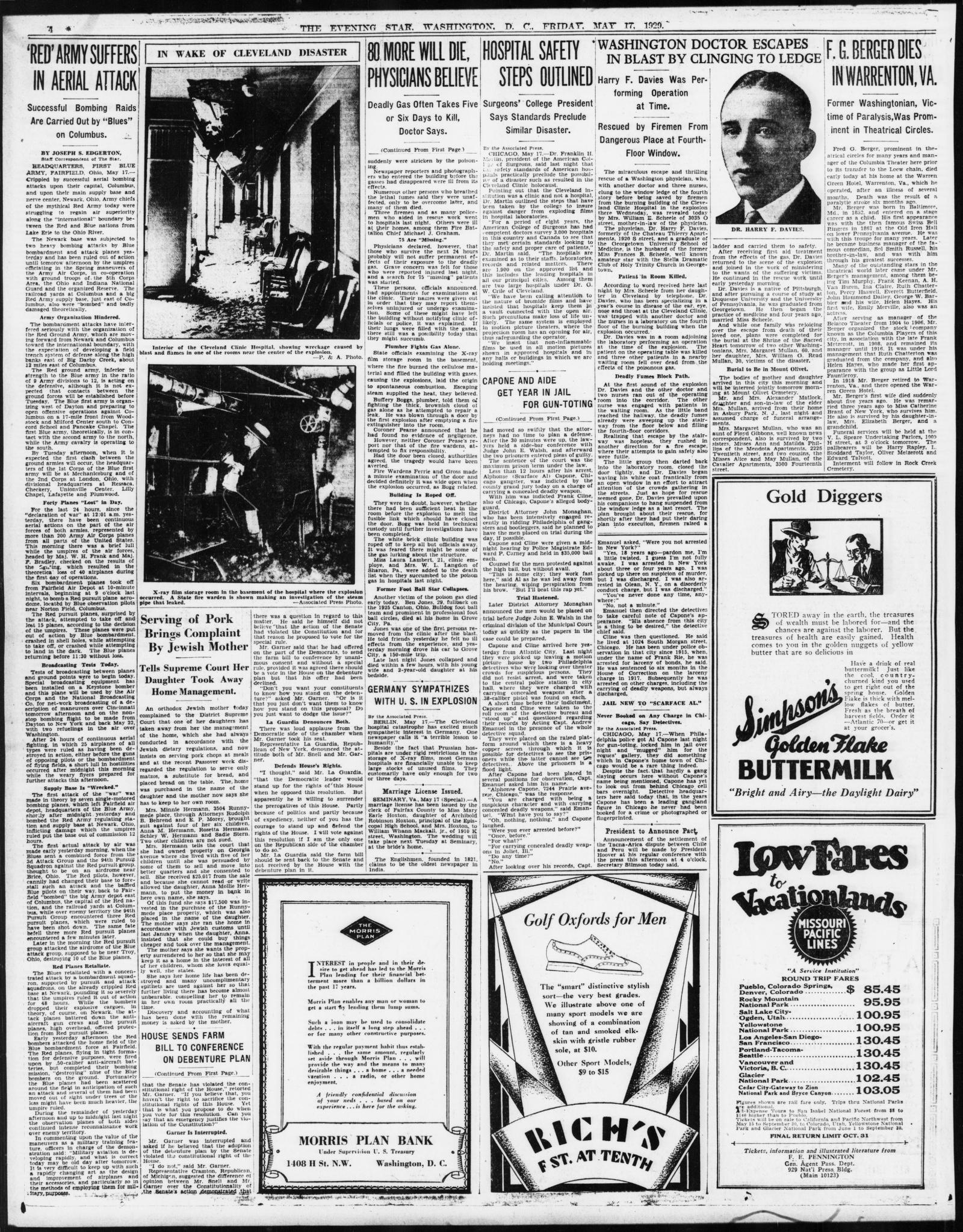 Page 4 of the Evening Star, 17 May 1929, with photographs of the Cleveland clinic disaster at upper left and large advertisements for buttermilk, shoes and vacation fares below