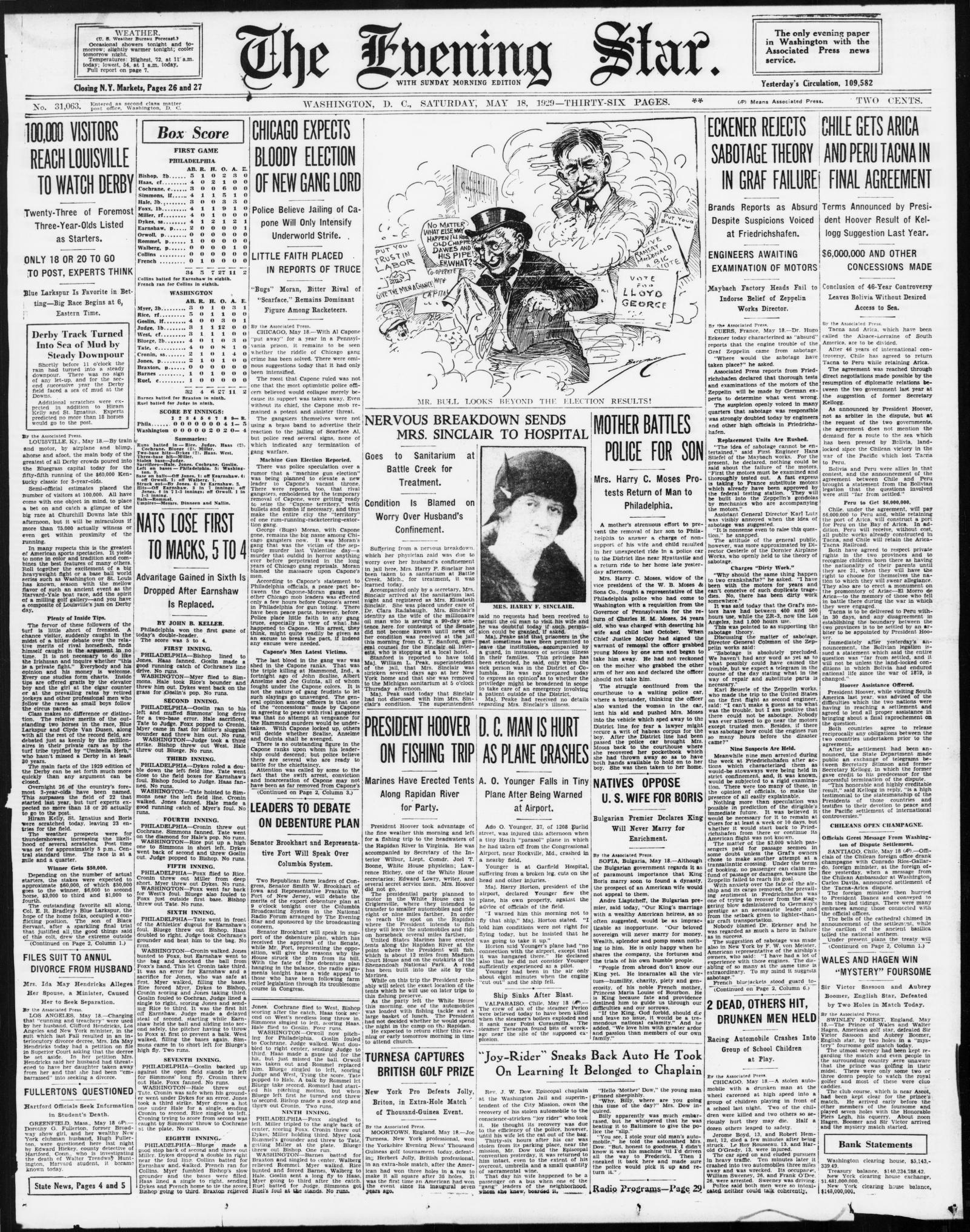Front page of the Evening Star, Washington, D.C., 18 May 1929