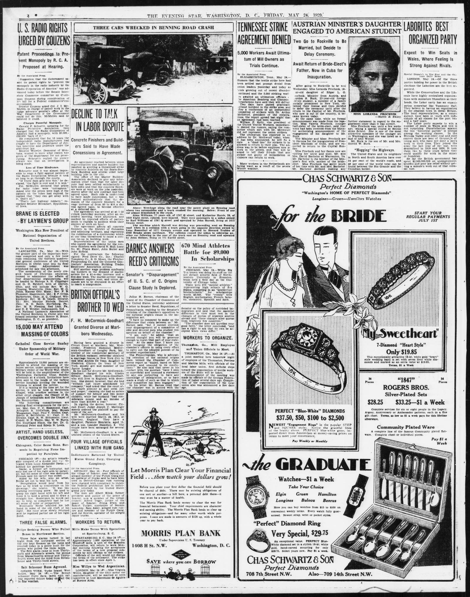 Page 4 of the Evening Star, Washington, 24 May 1929, with a photograph of wrecked cars at the top and the item Four Village Officials Linked With Rum Gang in the second column