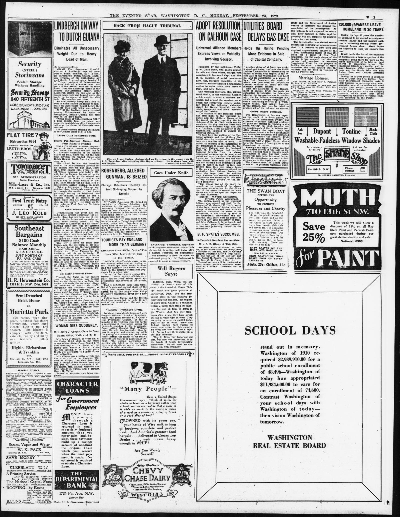 Page 3 of the Evening Star, Washington, 23 September 1929, with the item Rosenberg, Alleged Gunman, Is Seized in the center below a photograph of Charles Evans Hughes