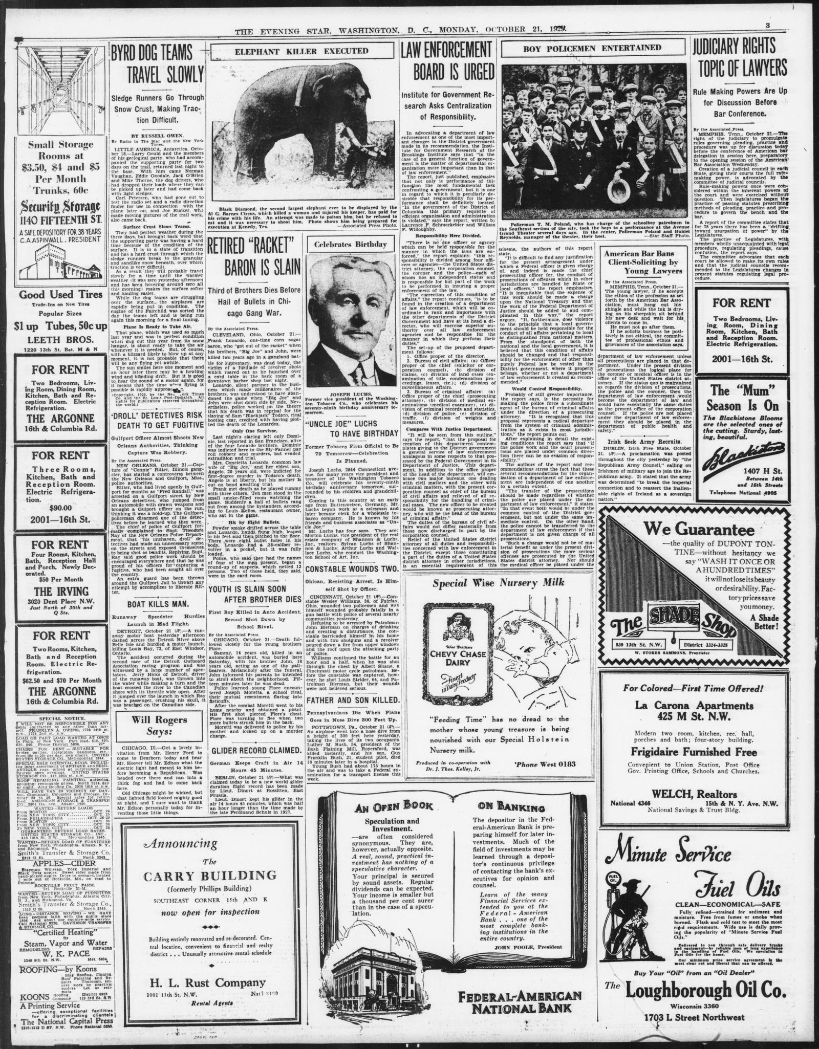 Page 3 of the Evening Star, Washington, 21 October 1929, with the item Retired Racket Baron Is Slain in the second column beside a photograph of an elephant