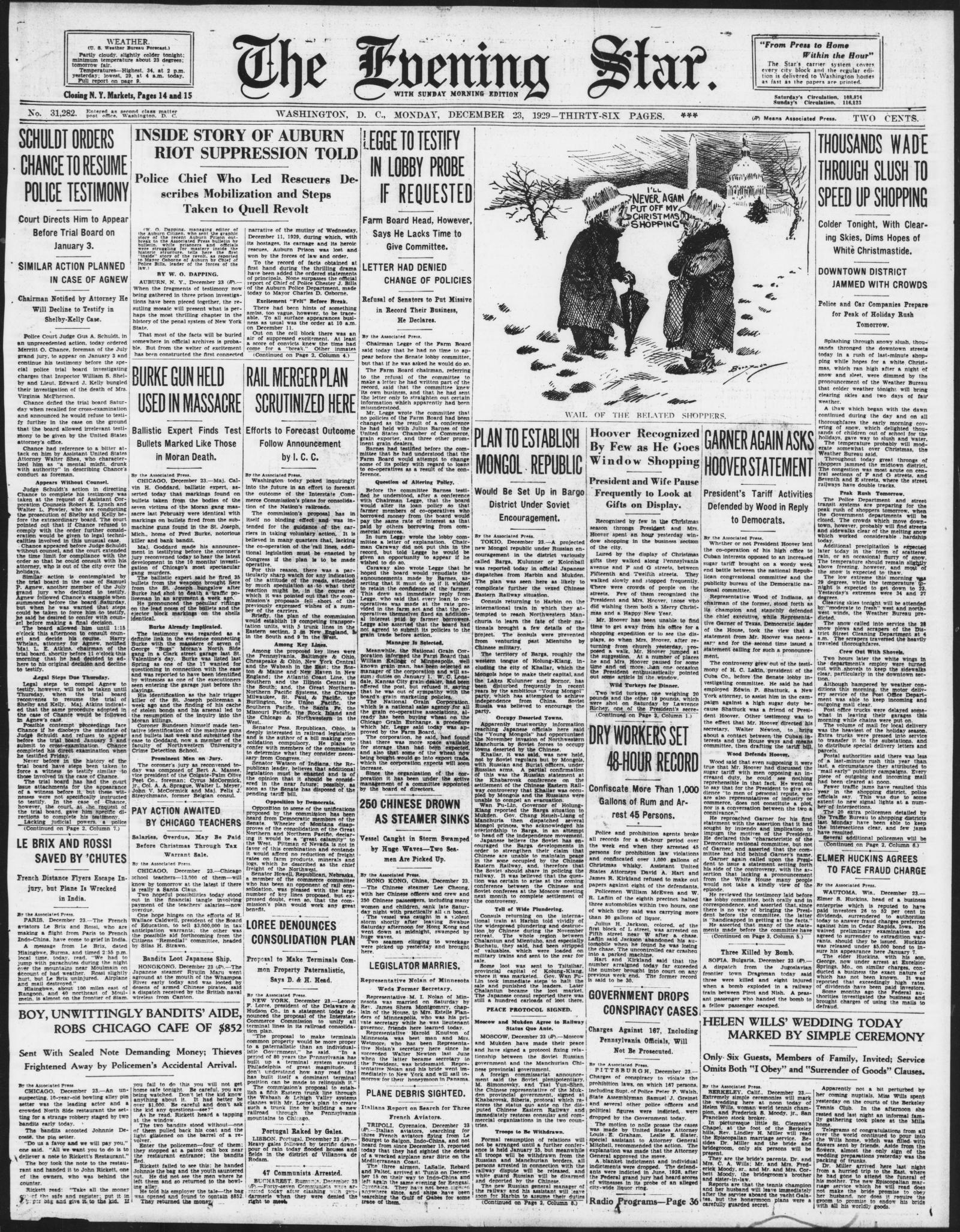 Front page of the Evening Star, Washington, D.C., 23 December 1929