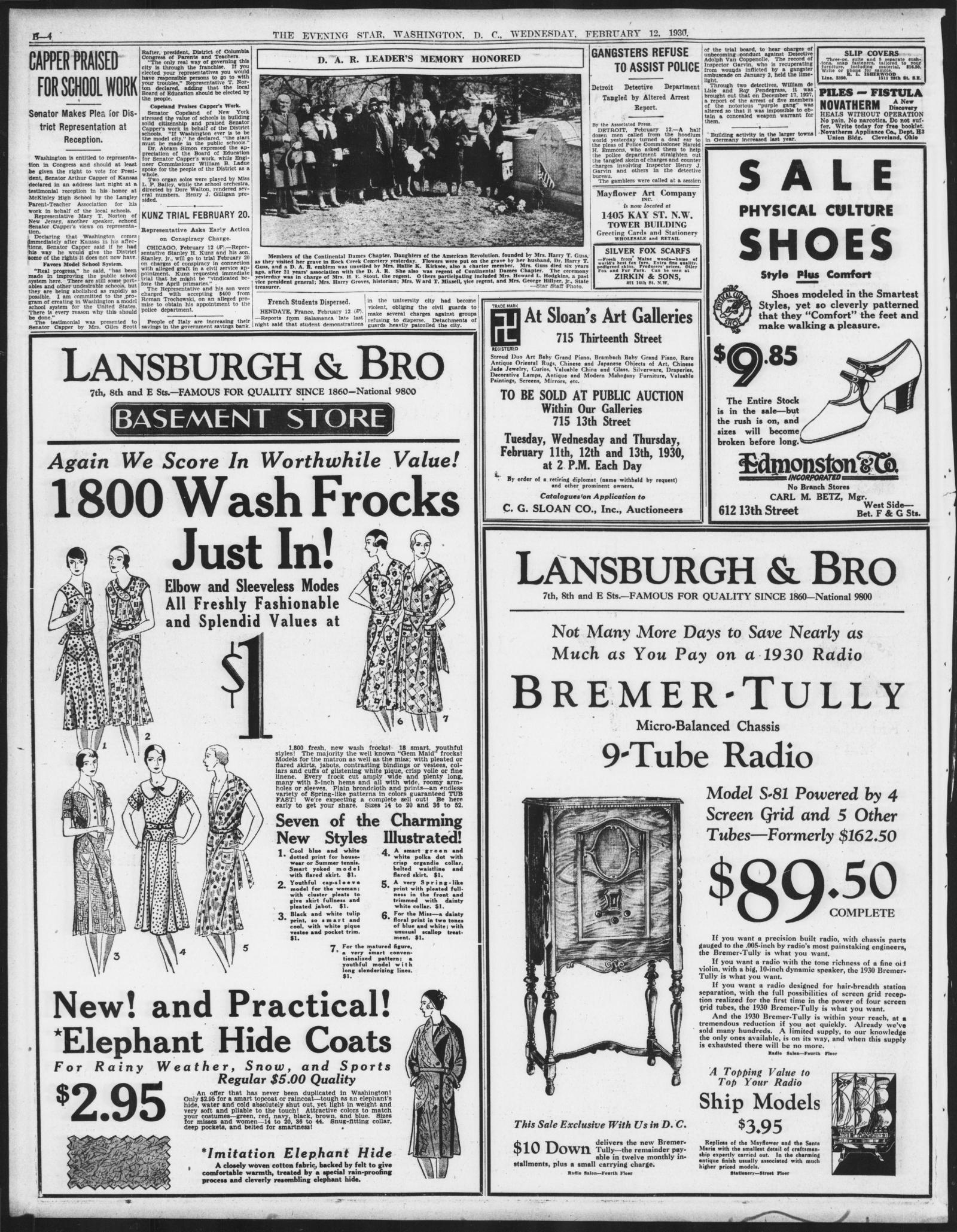Page B-4 of the Evening Star, Washington, 12 February 1930, with the item Gangsters Refuse to Assist Police at upper right beside a photograph of a D.A.R. ceremony and large Lansburgh advertisements