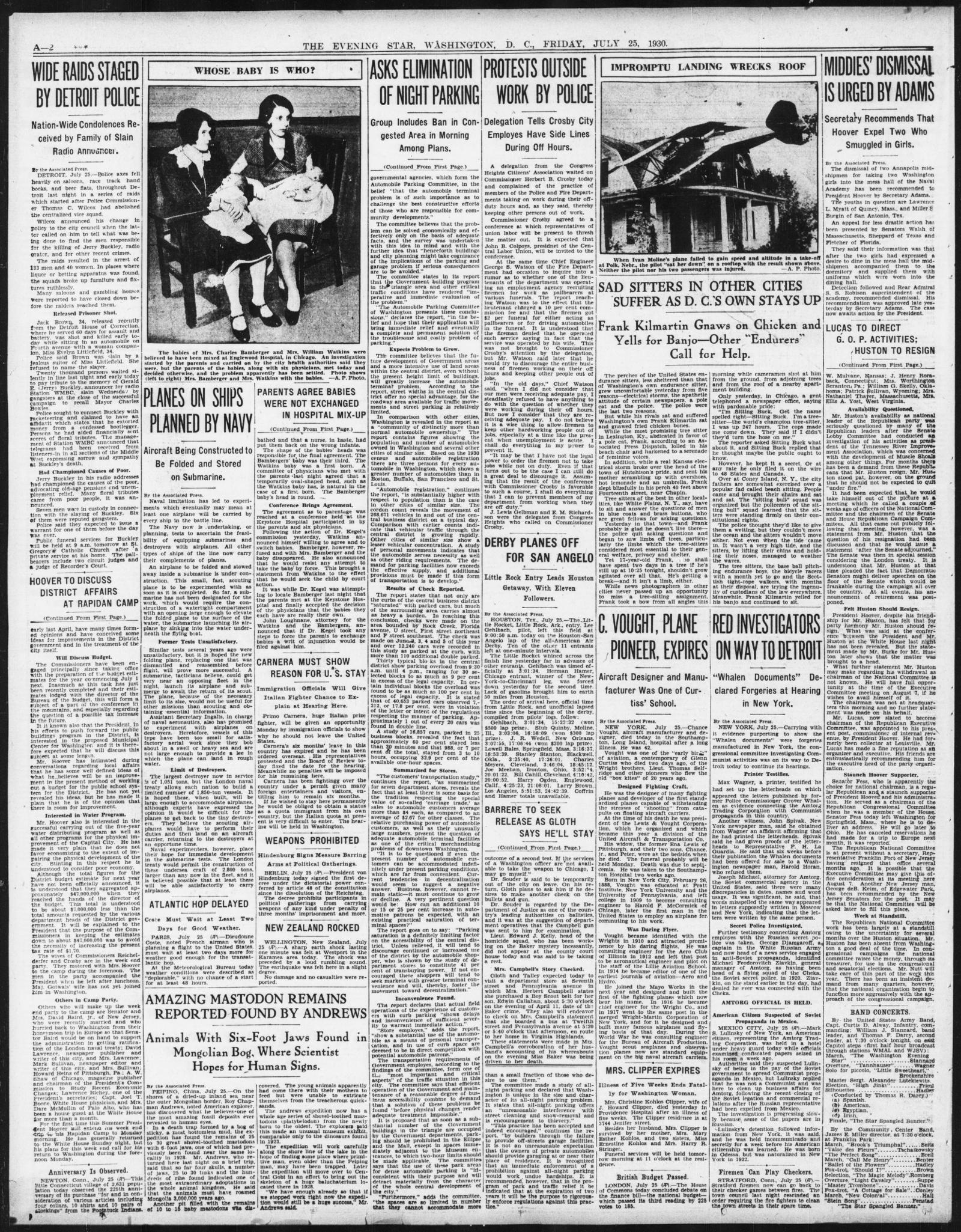 Page A-2 of the Evening Star, Washington, 25 July 1930, with the column Wide Raids Staged by Detroit Police at upper left beside a photograph of two women holding babies