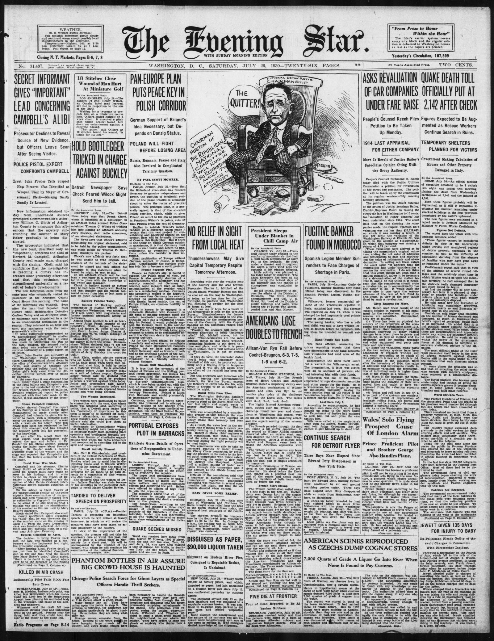 Front page of the Evening Star, Washington, 26 July 1930, with a political cartoon at center and the item Hold Bootlegger Tricked in Charge Against Buckley in the second column