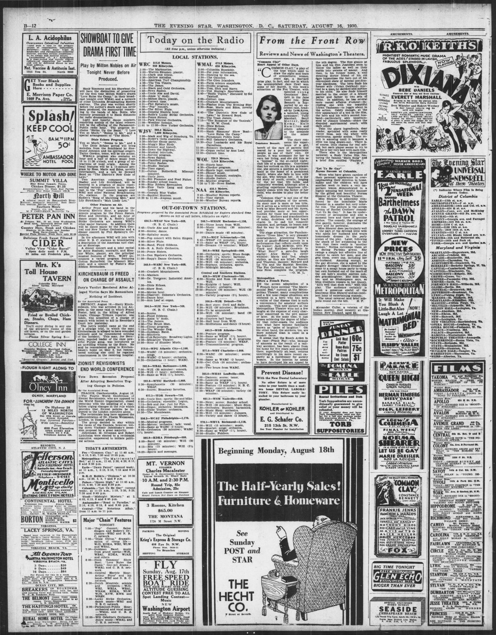 Page B-12 of the Evening Star, Washington, 16 August 1930, a radio and amusements page, with the item Kirchenbaum Is Freed on Charge of Assault in the first column