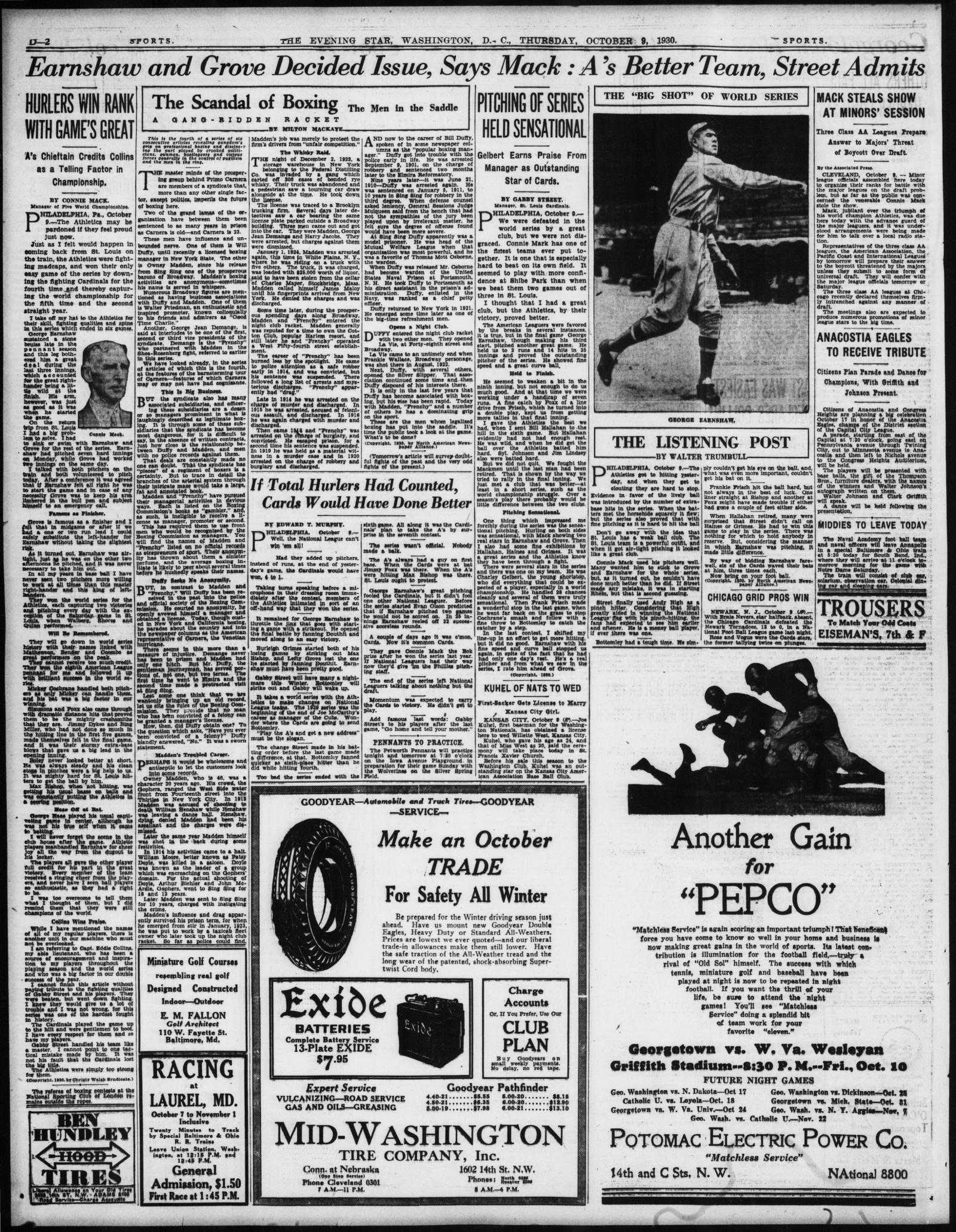 Sports page D-2 of the Evening Star, 9 October 1930, World Series coverage with a photograph of a pitcher, and the boxing article in the second and third columns
