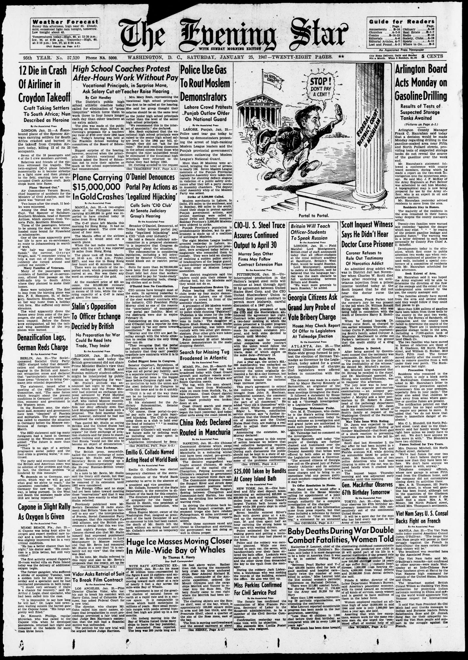 Front page of the Evening Star, Washington, D.C., 25 January 1947