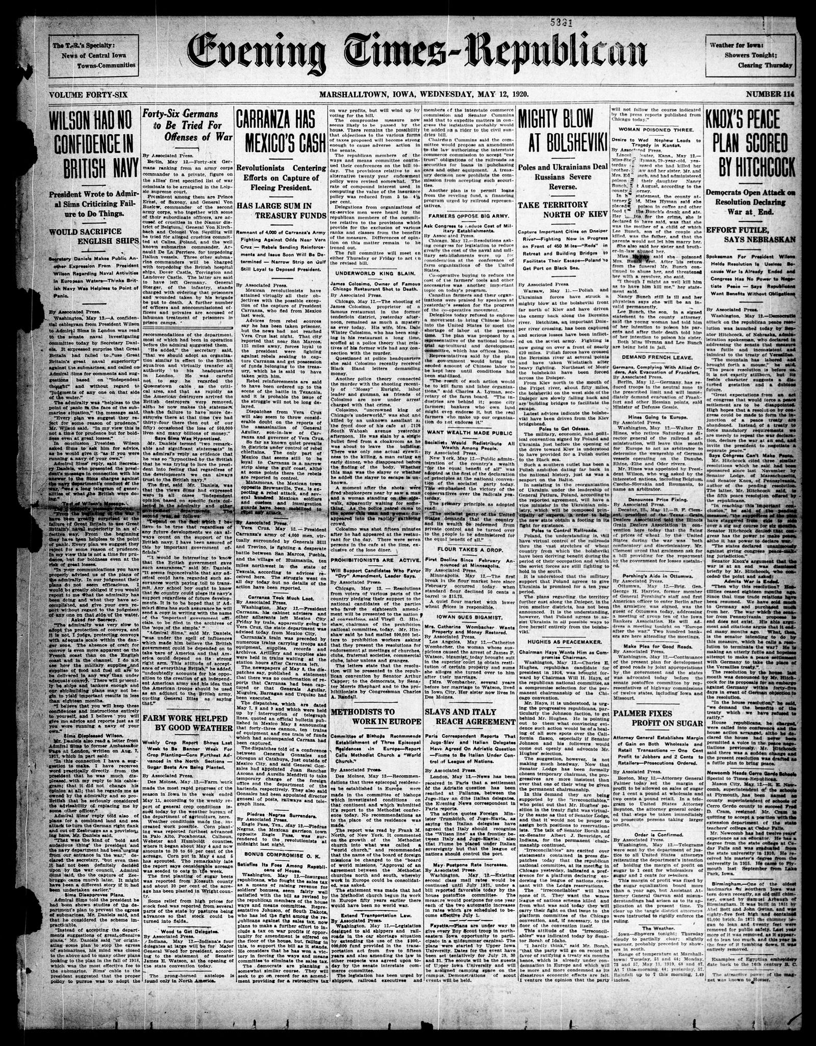 Front page of the Evening Times-Republican, Marshalltown, Iowa, 12 May 1920