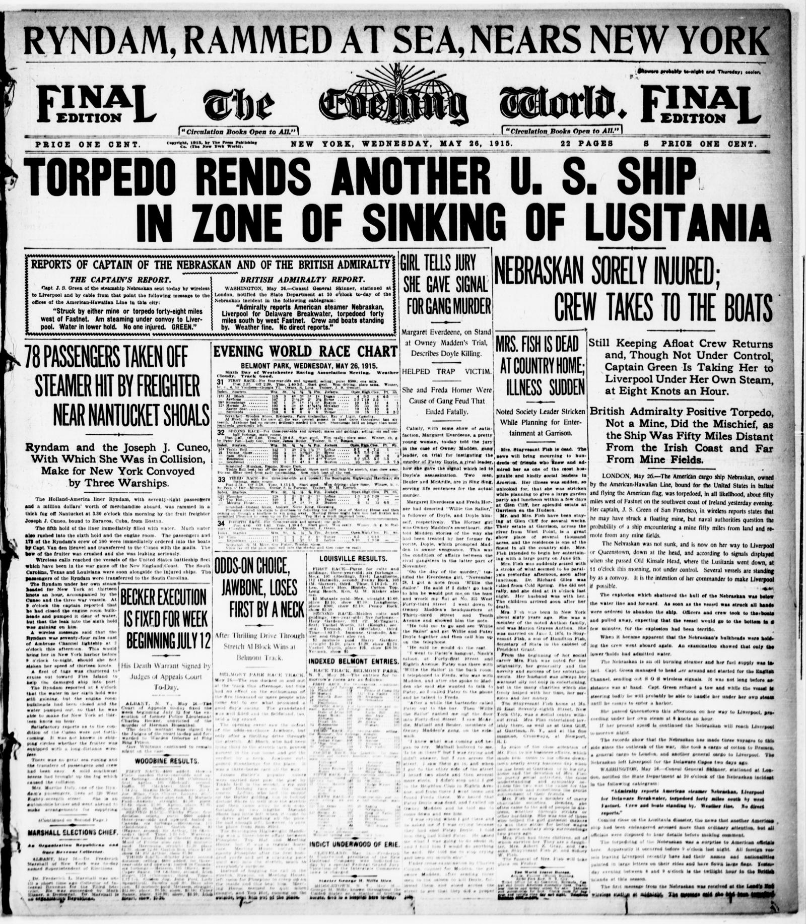 Front page of The Evening World, Final Edition, Wednesday, May 26, 1915, under the banner Ryndam, Rammed at Sea, Nears New York; the Madden trial story runs in a narrow column right of centre under the headline Girl Tells Jury She Gave Signal for Gang Murder