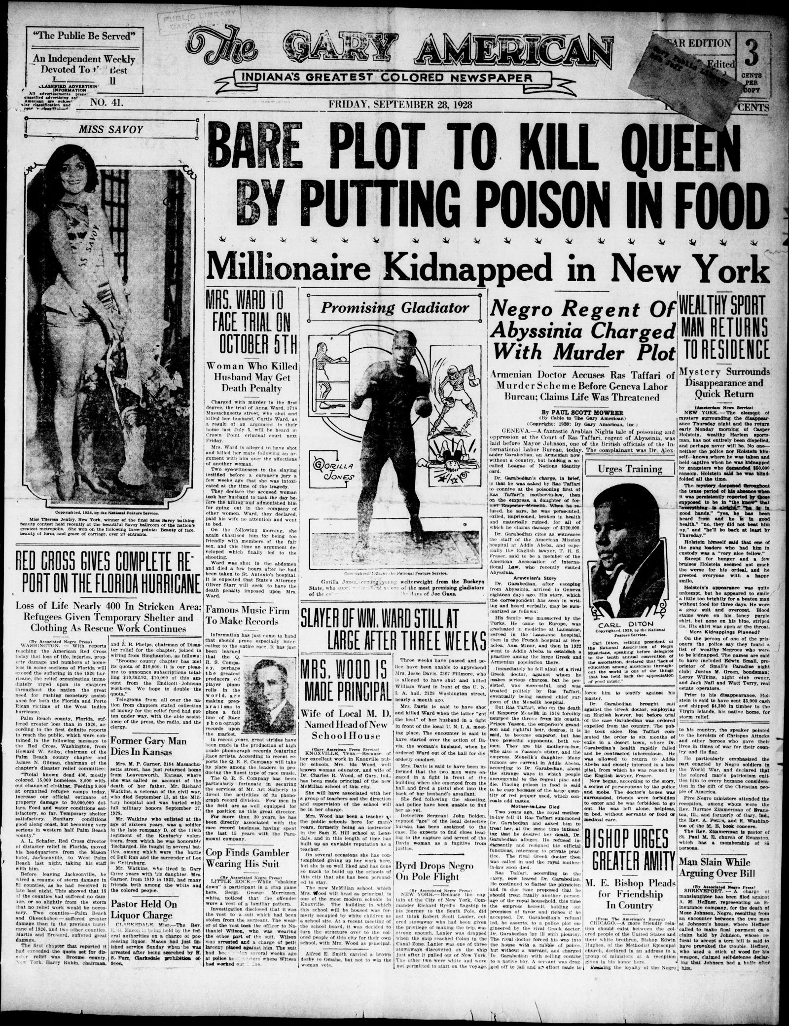 Front page of The Gary American, Friday, 28 September 1928, under the banners Bare Plot to Kill Queen by Putting Poison in Food and Millionaire Kidnapped in New York; the Holstein story is in the right-hand column headed Wealthy Sport Man Returns to Residence
